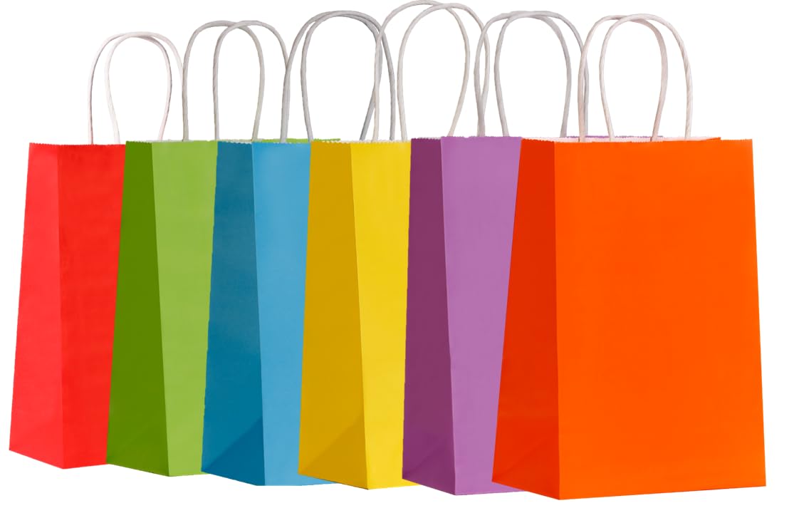 12 Small Plain Color Gift Bags with Handles 9x6x3in - Rainbow for Party Favors