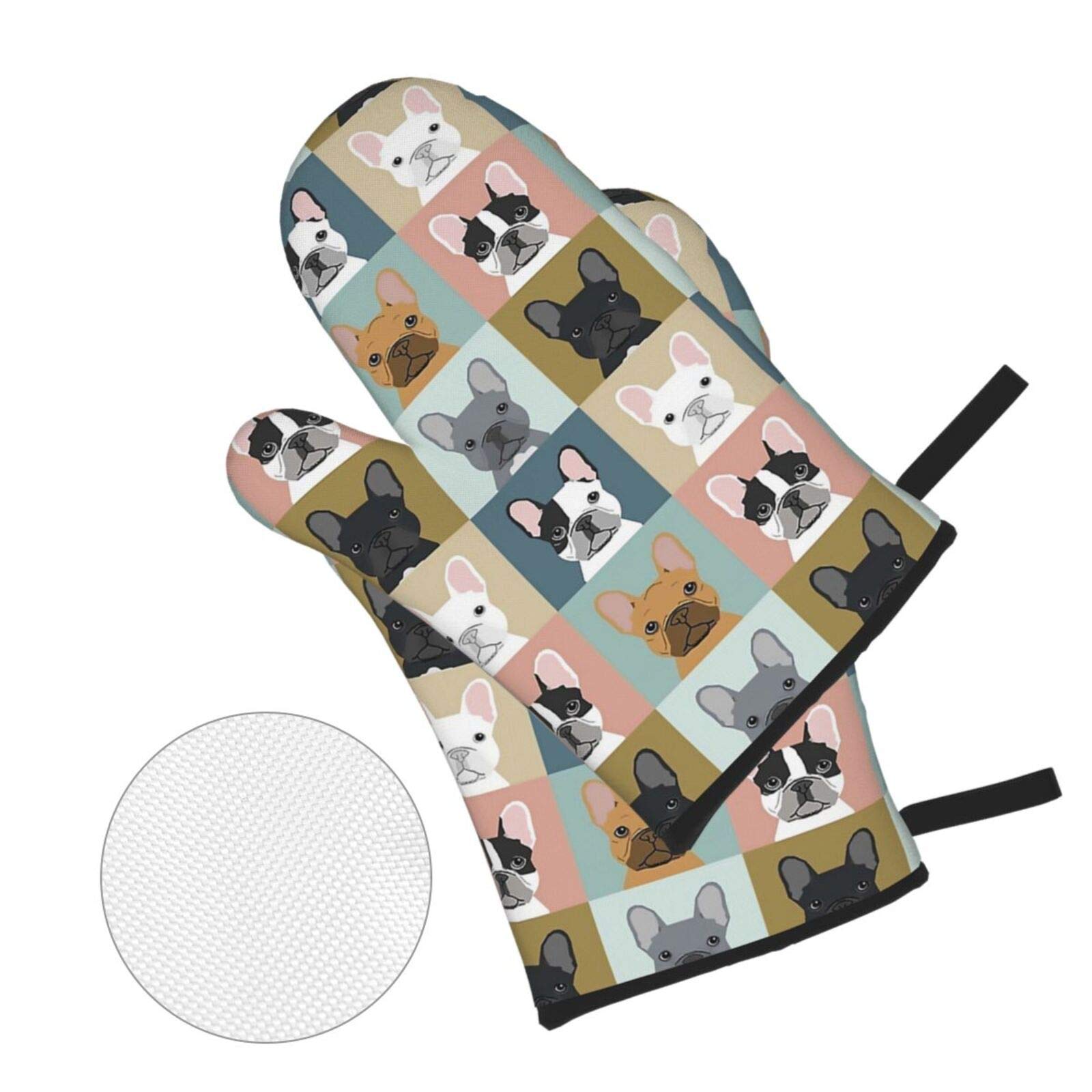 French Bulldog Oven Mitts and Pot Holders Set of 4 - Heat Resistant Kitchen Gloves for Cooking, Baking, Grilling & BBQ - Non-Slip Polyester Hot Pads for Home Chefs & Dog Lovers