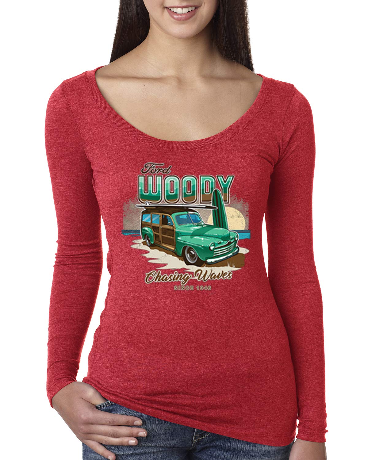 Vintage 1946 Ford Woody Surf Truck Women's Scoop Neck Long Sleeve T-Shirt - Beach Cruiser Style for Surfers & Car Enthusiasts