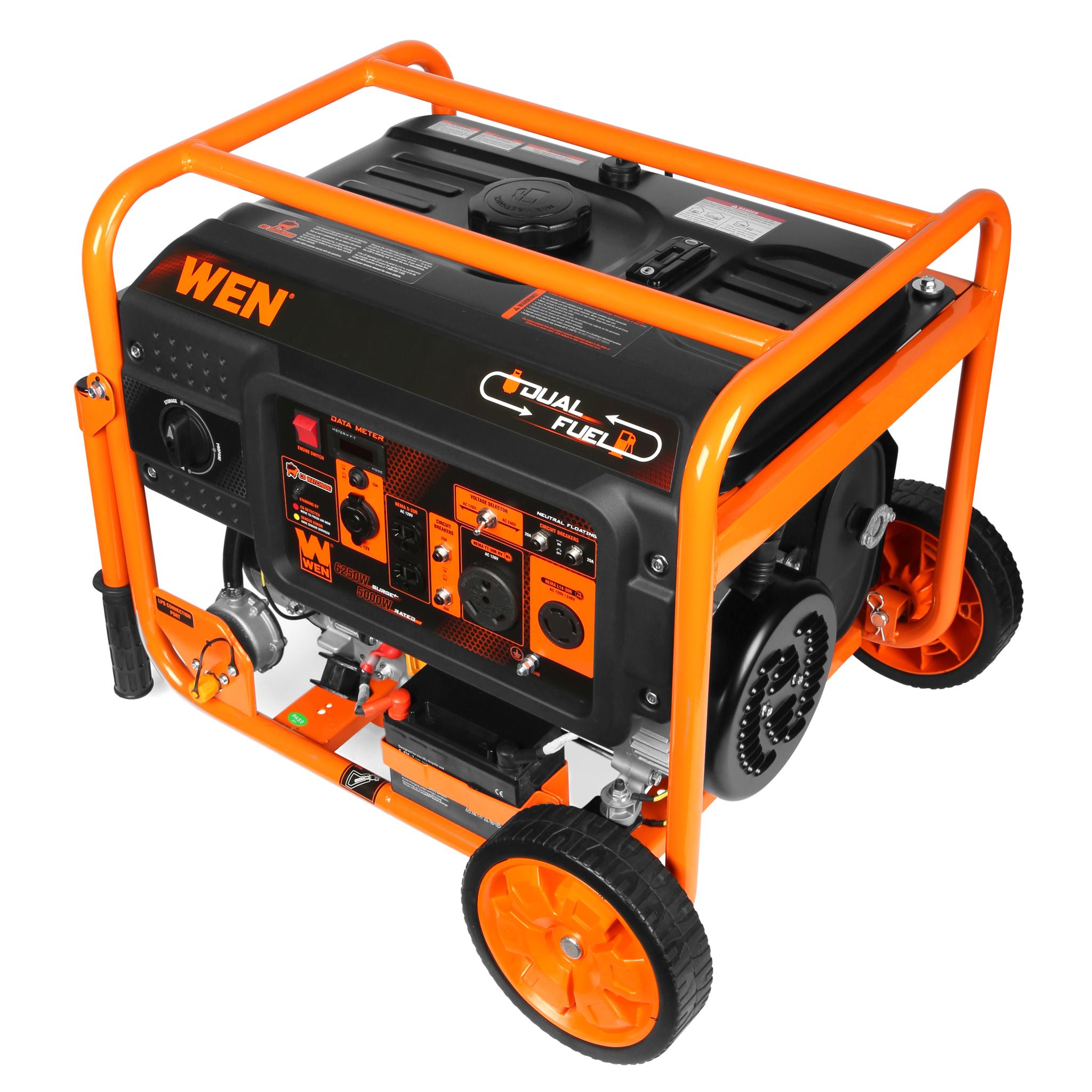 WEN DF623X 6250-Watt Dual Fuel Portable Generator with Electric Start - 120V/240V Output, Wheel Kit & CO Sensor - Perfect for Home Backup Power, Camping & Job Sites