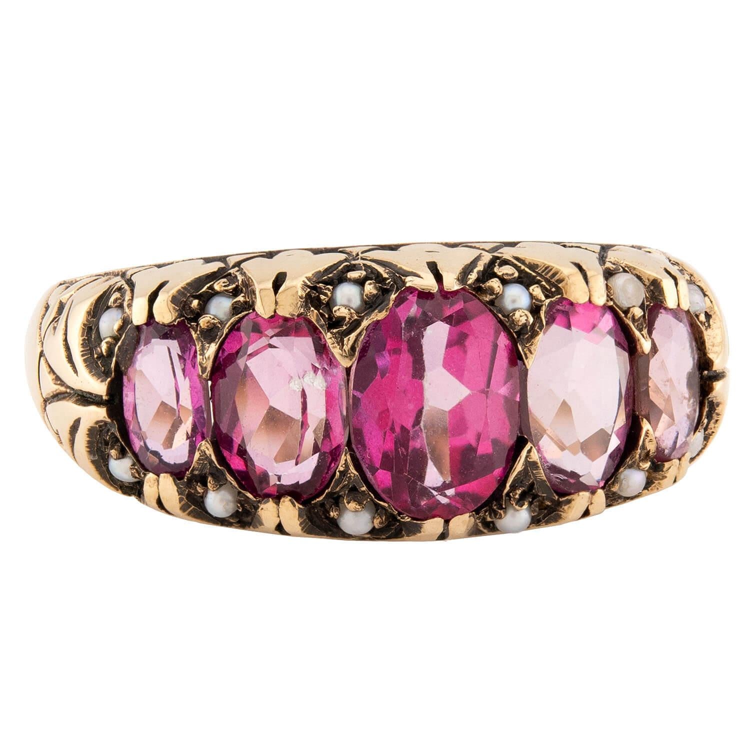 Exquisite Victorian 14K Gold Spinel and Pearl Ring - Elegant Antique Jewelry for Women - Perfect for Weddings, Anniversaries & Special Occasions