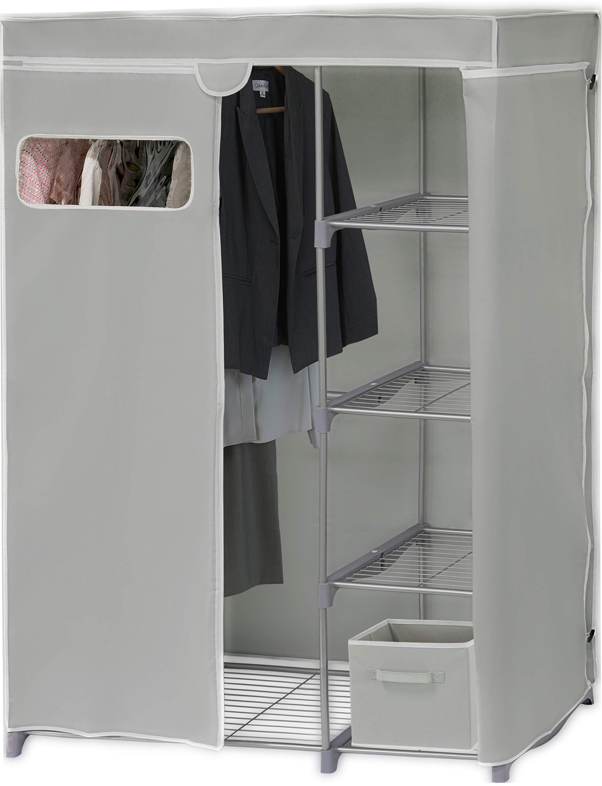 Freestanding Clothes Organizer with Cover - Grey Closet Storage for Bedroom, Closet & Laundry Room | Simple Houseware Garment Rack for Hanging Clothes, Jackets & Accessories