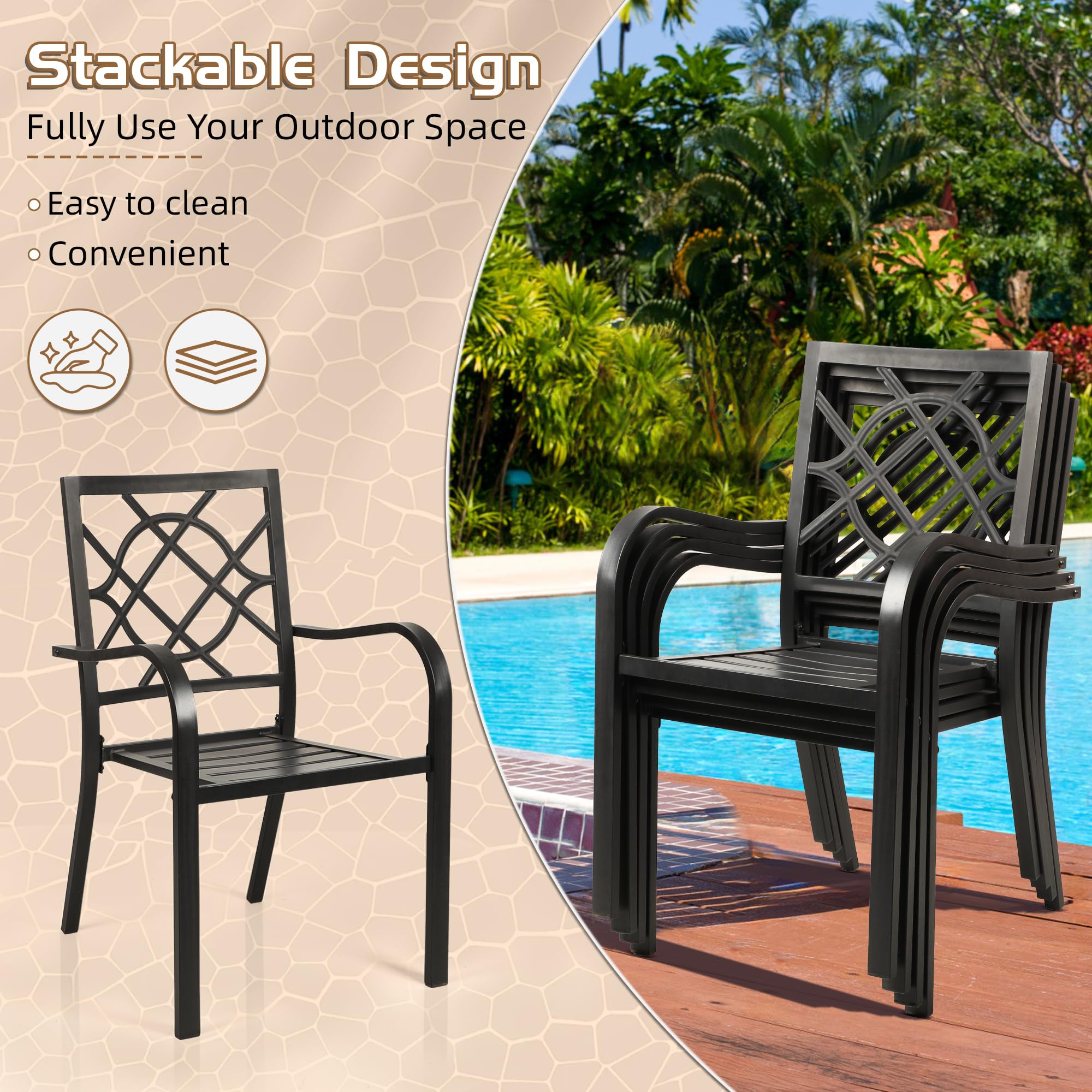 Incbruce 300lbs Capacity Patio Chairs Set of 2 - Heavy Duty Stackable Outdoor Dining Chairs with Metal Frame & Wrought Iron Black Finish - Perfect for Garden, Poolside, Backyard, Deck, and Outdoor Entertaining