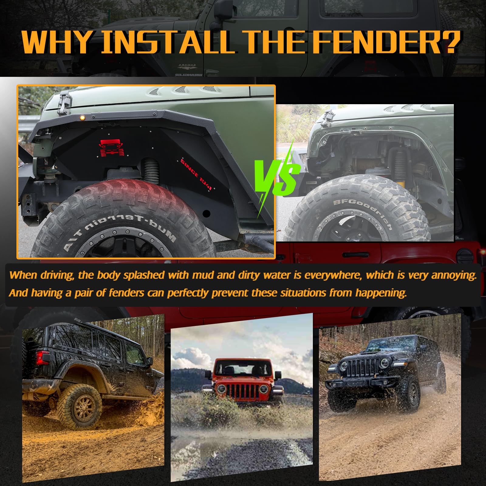 Aluminum Front Fender Liners with 4 LED Lights for Jeep Wrangler JK & JKU (2007-2018) - Compatible with Sport, Sahara, Rubicon Models (2/4 Door) | Off-Road Protection & Enhanced Style