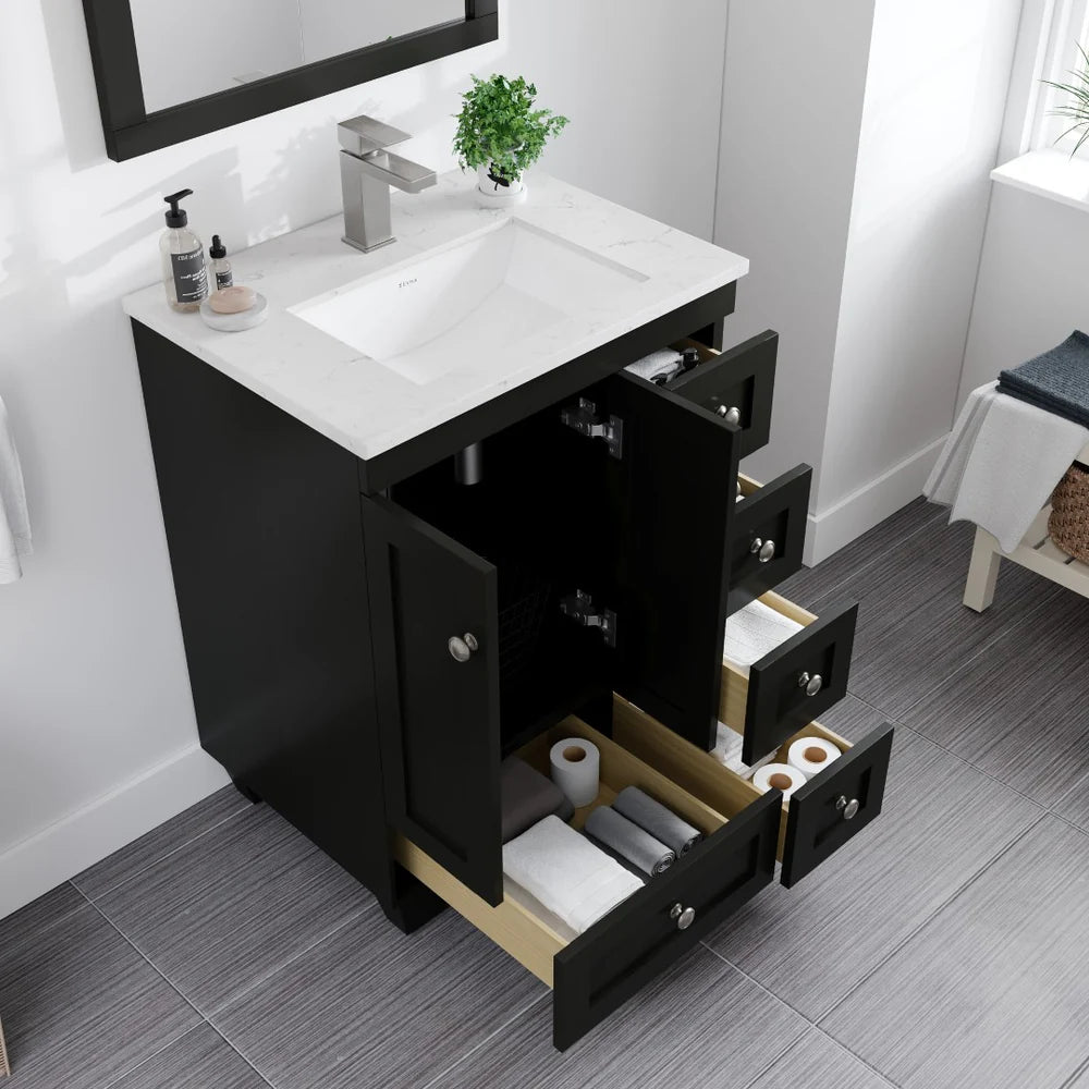 Eviva Acclaim 24 Inch Modern Bathroom Vanity Set with Carrara Quartz Countertop - Perfect for Small Bathrooms, Powder Rooms & Master Bath Renovations