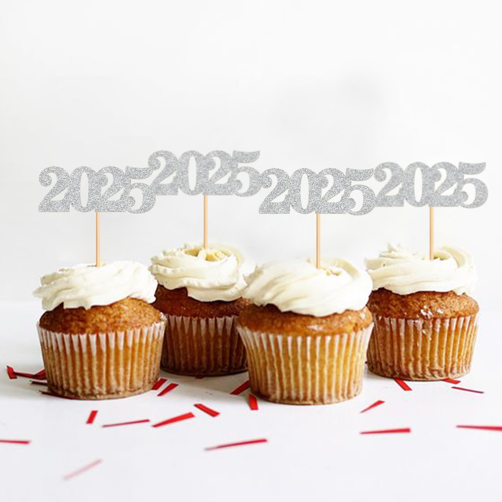 40 Pcs Silver Glitter New Year Cupcake Toppers 2025 - Cheers to 2025 Cake Picks for New Year's Eve Party Decorations - Perfect for Birthday, Wedding, and Holiday Celebrations
