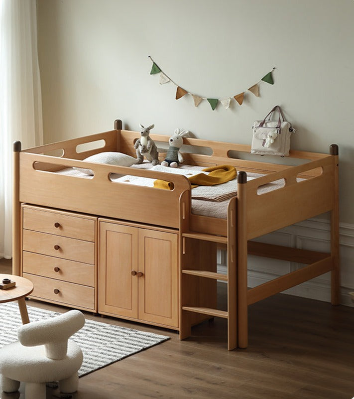 Solid Oak Wood Mid-High Bed with Slanted Ladder - Sturdy Adult Loft Bed for Small Spaces, Dorm Rooms & Modern Apartments