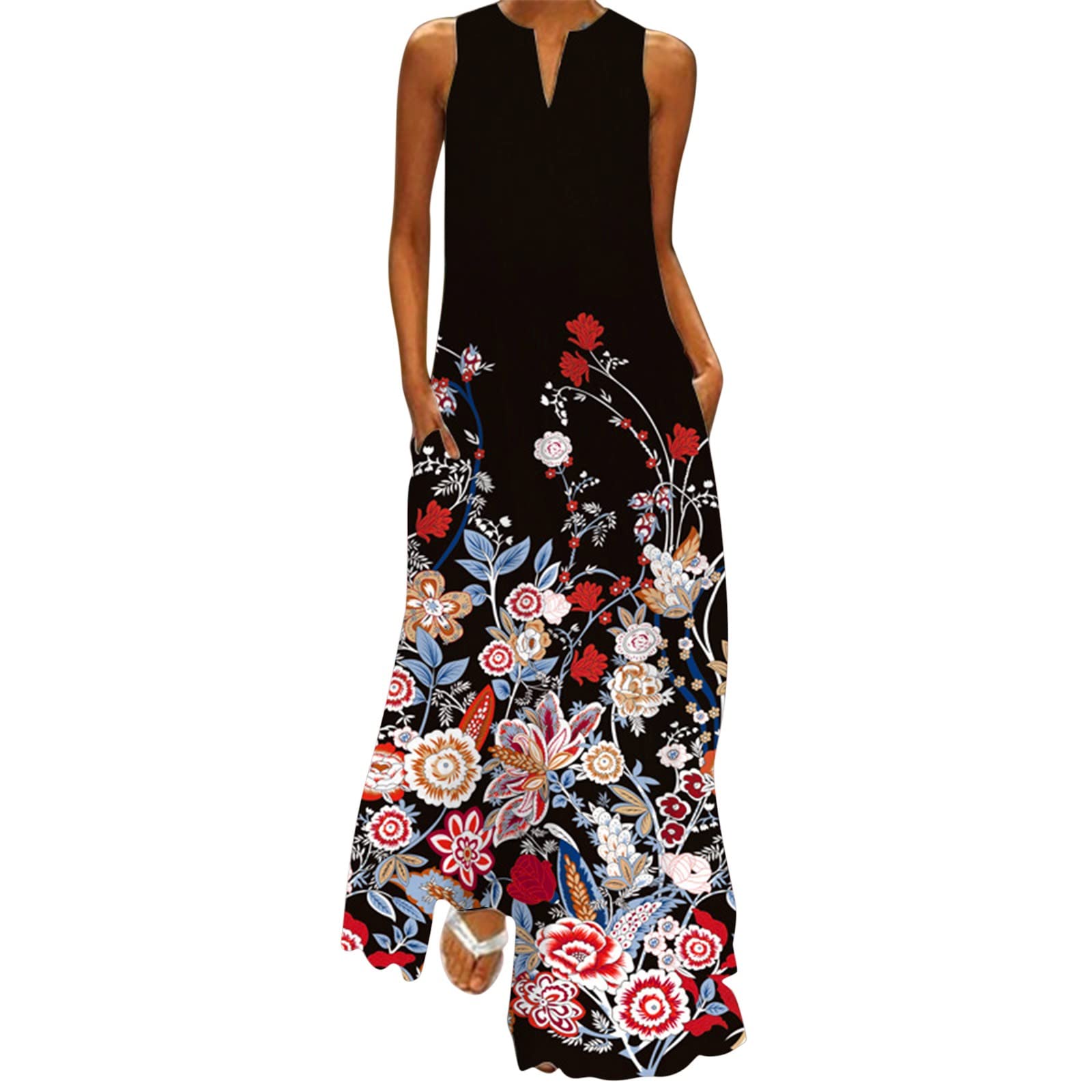Women's Summer Casual Sleeveless Floral Print V-Neck Maxi Dress - Boho Beach Long Sundress for Vacation, Pool Party & Outdoor Date Night