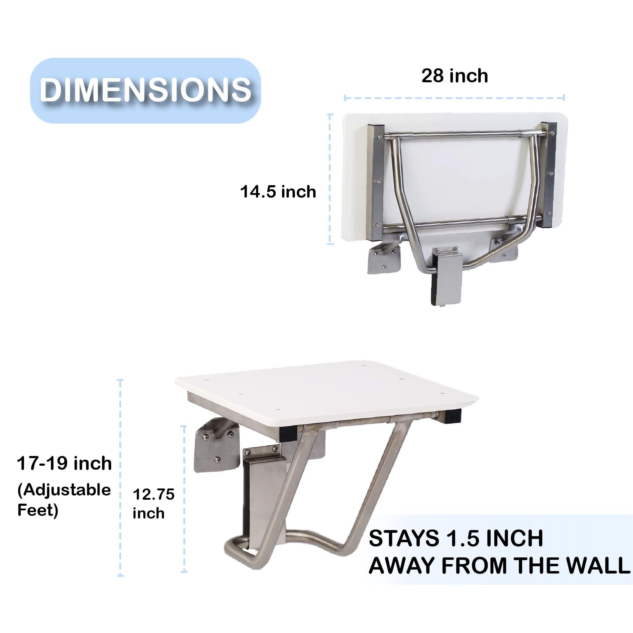 Foldable Shower Chair for Elderly & Disabled - ADA Compliant Wall Mounted Shower Seat with 400 lb Weight Capacity - High Density Polymer & 304 Stainless Steel Bath Chair (28