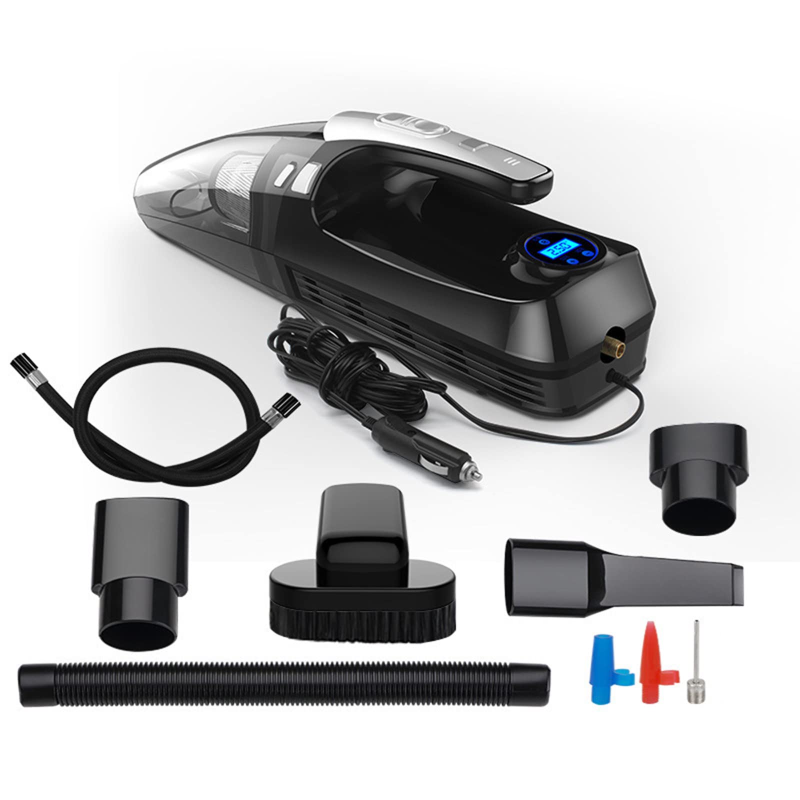 12V Portable Car Vacuum Cleaner & Tire Inflator - 4-in-1 Handheld Auto Shut Off Air Compressor with LED Light for Car, Home, and Travel Use - Perfect for Cleaning Seats, Carpets and Inflating Tires, Sports Equipment, Air Mattresses