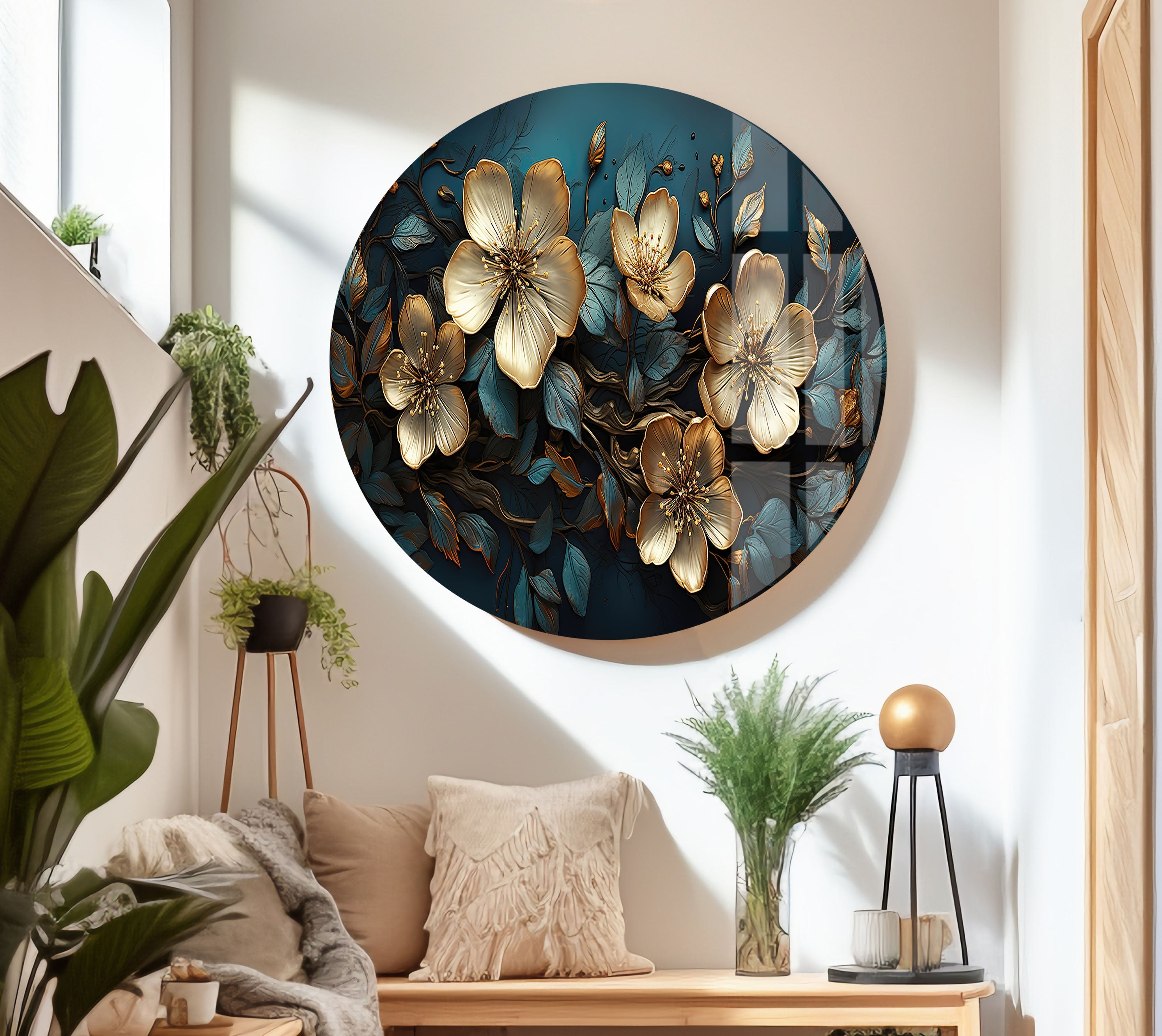 Beige & Blue Botanical Glass Wall Art - Elegant Home Decor for Living Room, Bedroom & Office - Perfect Gift for Housewarming & Wedding