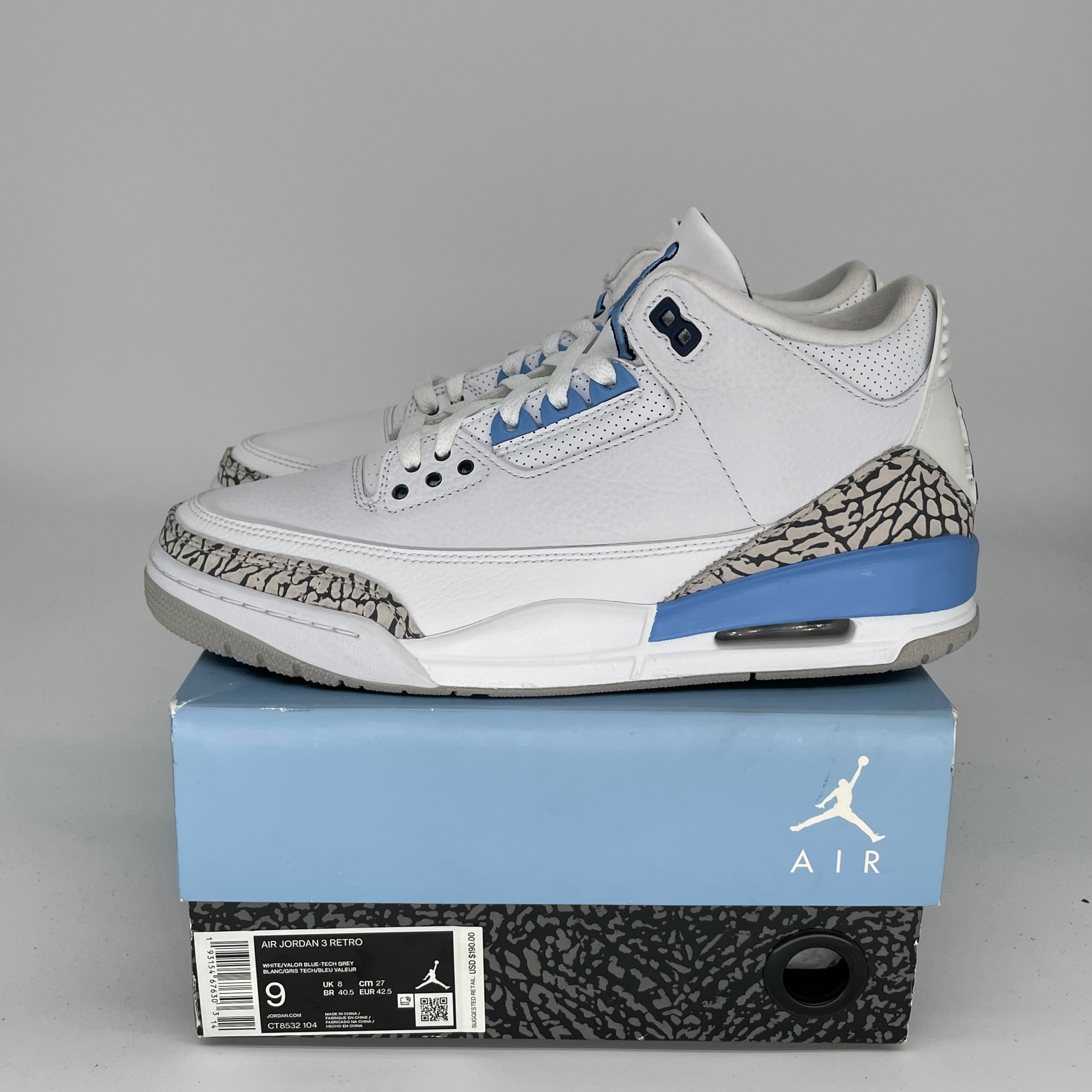 AIR JORDAN 3 UNC Men's Basketball Shoes - Size 9 (CT8532-104) - Authentic Retro Sneakers for Casual Wear & Sports Performance