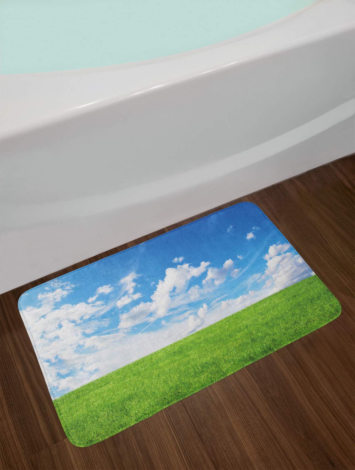 Ambesonne Blue Sky Bath Mat - Non-Slip Plush Bathroom Rug with Landscape Scenery Print, Greenery Land & Clear Clouds Design, 30.2