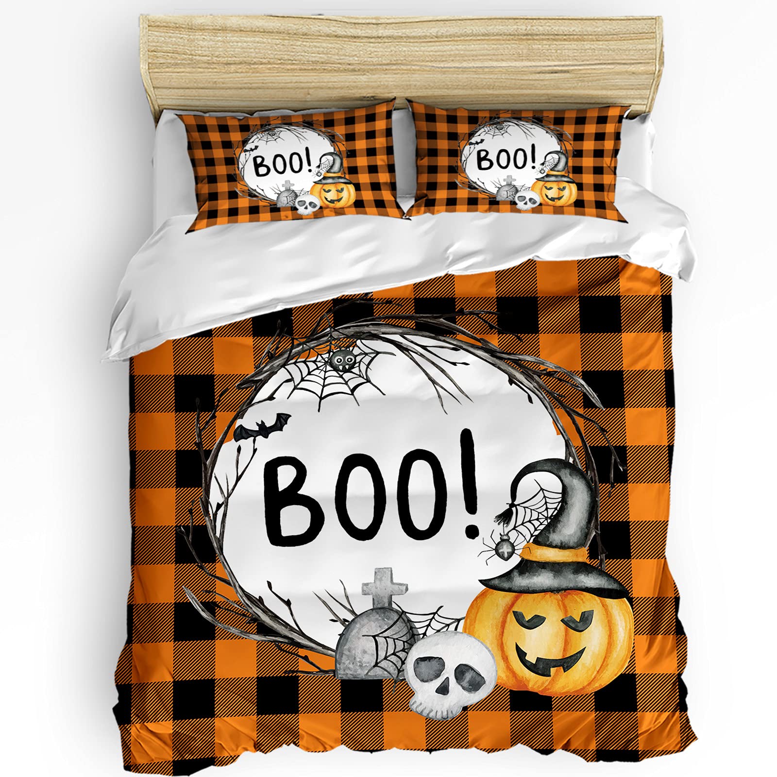 3-Piece California King Bedding Set - Orange & Black Plaid Luxury Duvet Cover with 2 Pillowcases | Soft Breathable Microfiber for Kids, Teens & Adults | Halloween Ghost Pumpkin Skull Theme | Perfect for Spooky Bedrooms, Dorm Rooms & Seasonal Decor