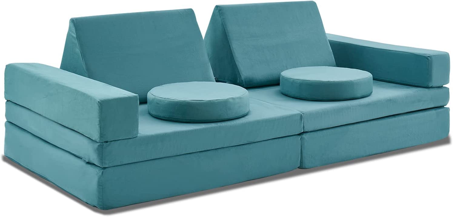 Jela Modular Sectional Sofa - 10PCS Extended Size Floor Couch with Futons, Foam Play Furniture for Kids & Adults (Light Blue) - Perfect for Playrooms, Living Rooms & Small Spaces