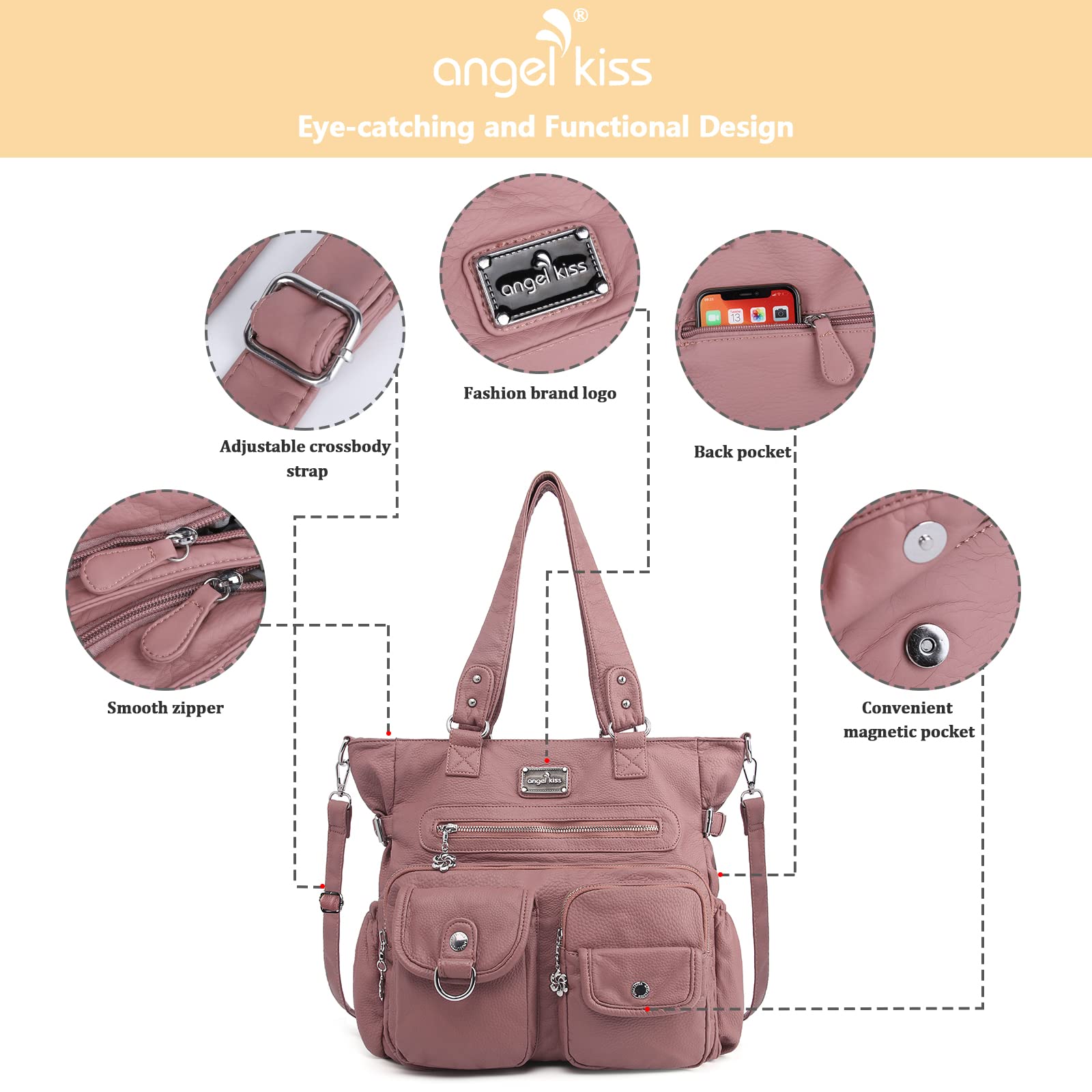 Angelkiss Women's PU Tote Shoulder Bag with Pockets - Stylish for Work & Travel