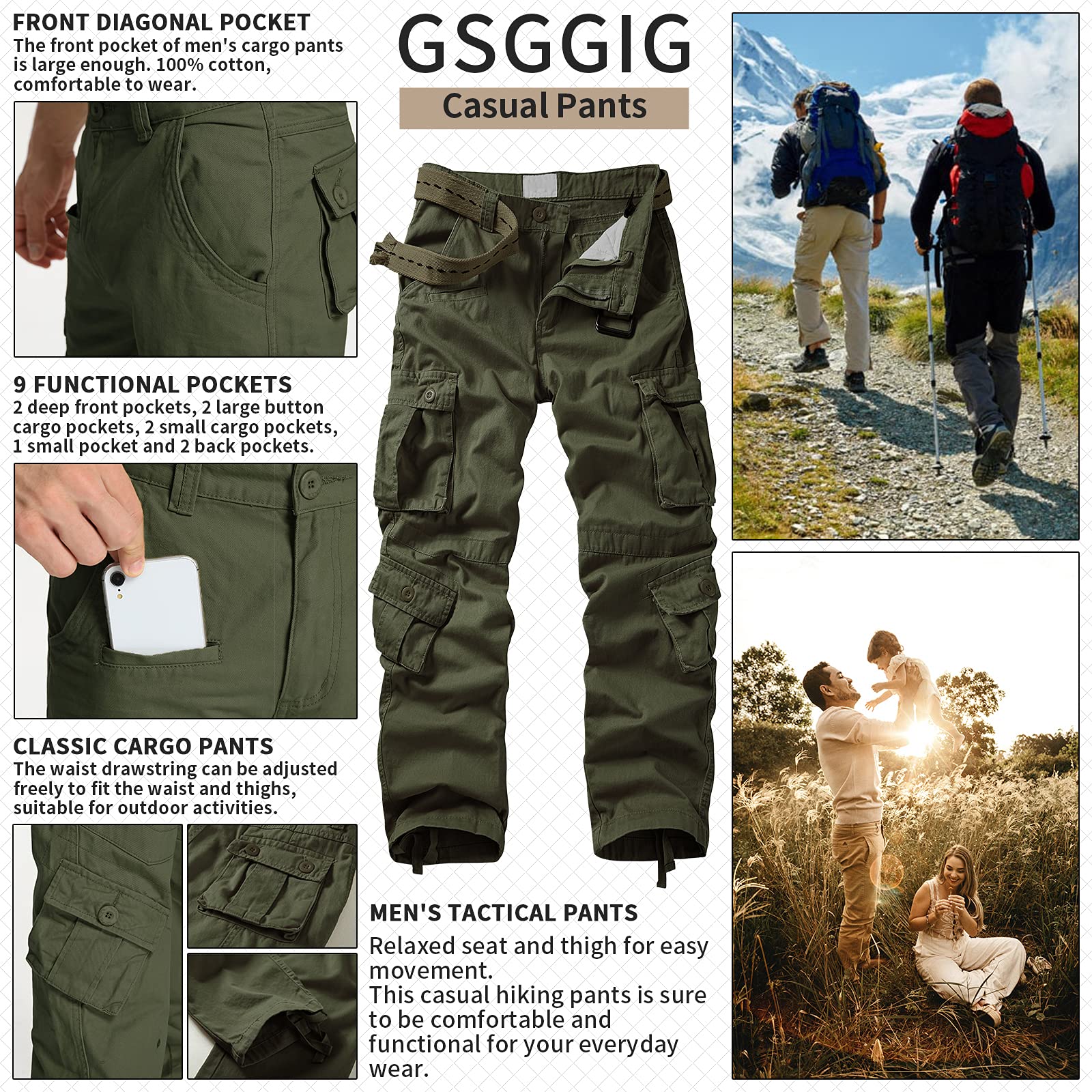 Men's Cargo Pants - Military Camo Outdoor Work Pants with Multiple Pockets | Comfortable Relaxed Fit Tactical Pants for Hiking, Camping & Construction Work