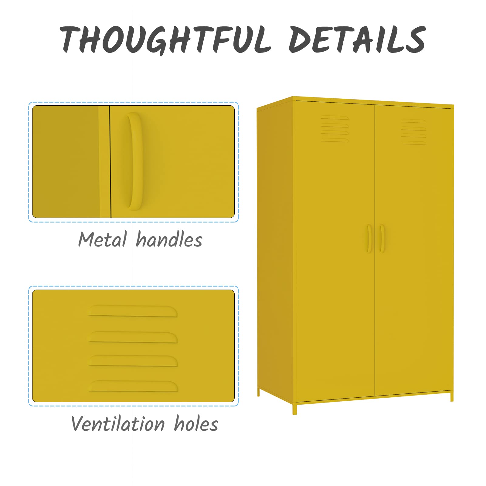 Yellow Steel Locker Cabinet - Double Door Metal Storage Locker with Hanging Rod & Shelves for Bedroom, School, Classroom - Perfect for Organizing Toys, Clothes & Sports Equipment