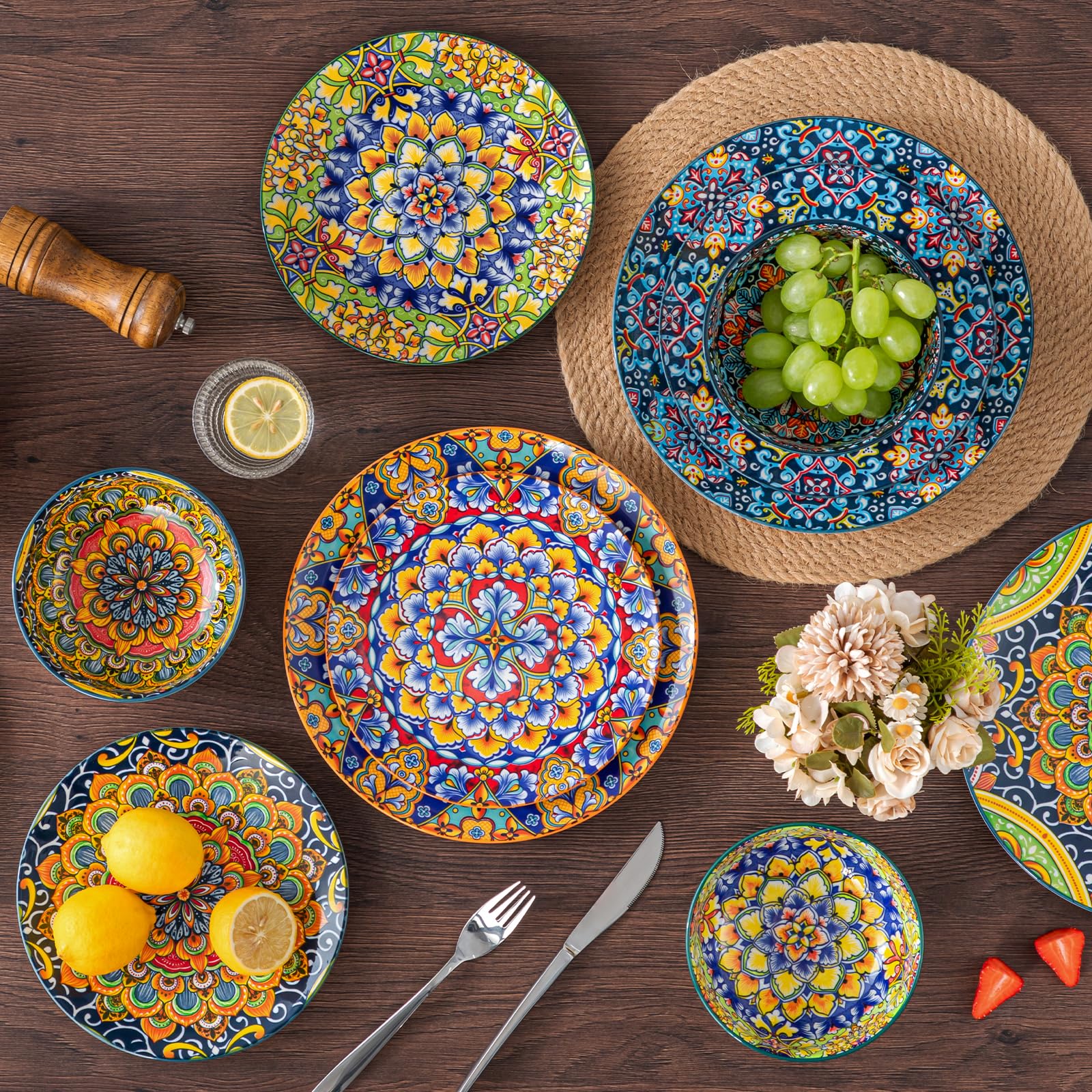 Vancasso 12-Piece Bohemian Style Dinnerware Set for 4 - Porcelain Plates & Bowls, Microwave & Dishwasher Safe, Scratch-Resistant - Perfect for Everyday Dining, Entertaining & Restaurant Use (Series SIMI)