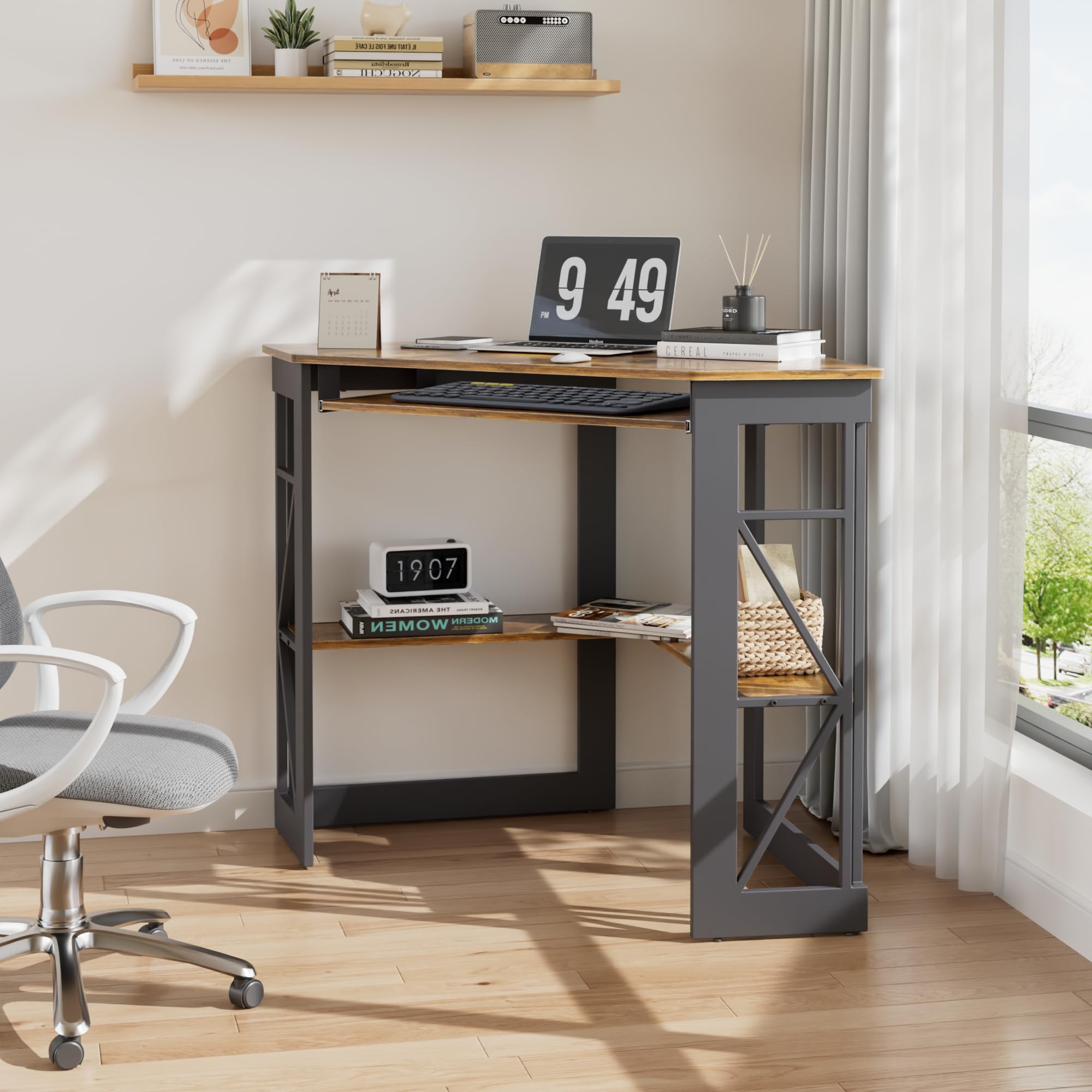 VECELO Corner Computer Desk with Keyboard Tray & Storage Shelves - Compact Home Office Writing Table in Antique Brown | Perfect for Small Spaces, Gaming Setup & Remote Work