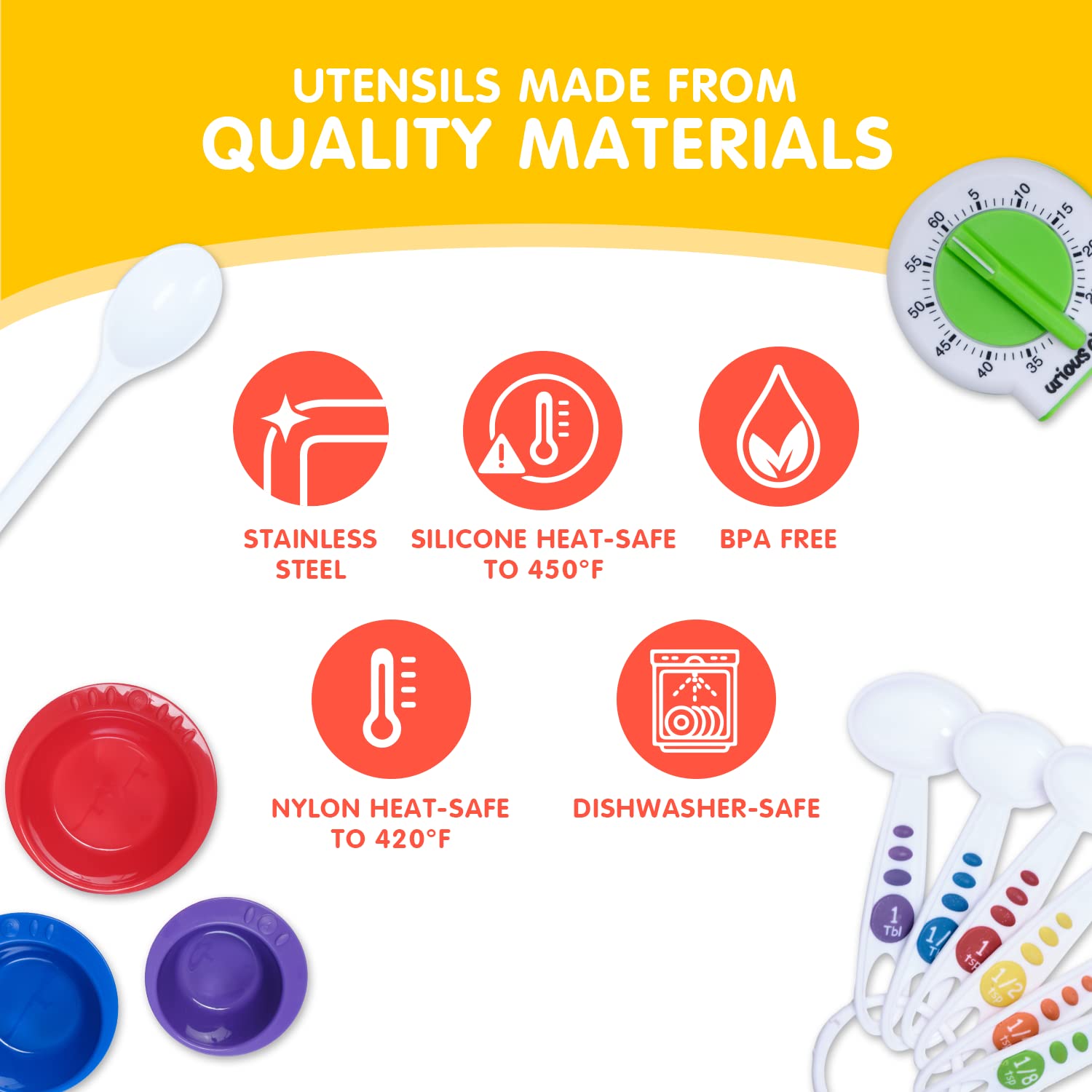 Curious Chef Kids Cookware - 17-Piece Measure & Prep Kit with Real Utensils | Dishwasher Safe & BPA-Free | Includes 6-Piece Measuring Cup & Spoon Set, 3-Piece Prep Bowl Set, Kitchen Timer | Perfect for Baking, Cooking Classes & Pretend Play