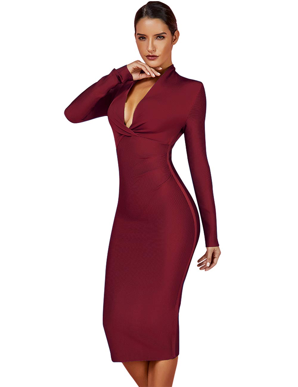 Whoinshop Women's Deep V-Neck Long Sleeve Cocktail Dress - Knee Length Party Gown for Night Out, Club, Evening Events & Special Occasions