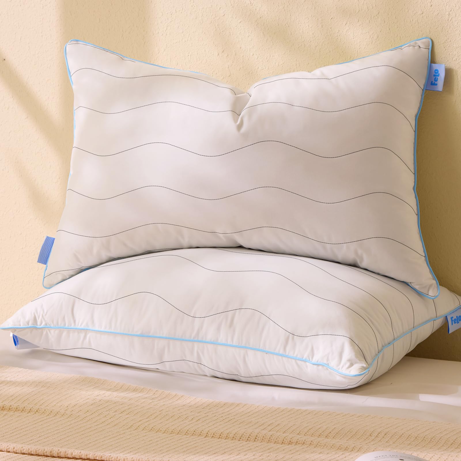 Felo Feather Down Pillows Queen Size Set of 2 - CloudFusion Goose Down Pillows for Sleeping, Luxury Hotel Collection Bed Pillows for Side & Back Pain Relief - 100% Organic Cotton Shell (20x30 Inches) - Perfect for Home, Hotel & Guest Room Comfort