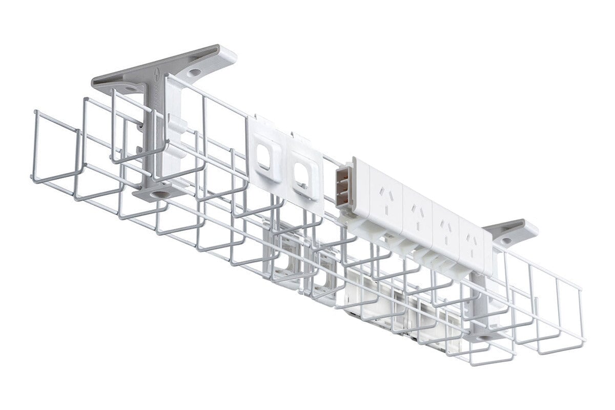 DPG Cable Management Basket - Back to Back Metal Tray with 2 x 4 Power & 4 Data Ports (1250W x 105H) - Perfect for Office, Home & Server Room Organization