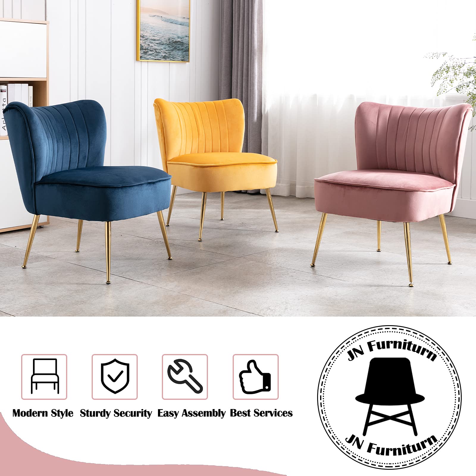 Velvet Accent Chair Set of 2 - Mid Century Modern Armless Slipper Chairs with Golden Legs for Living Room, Bedroom & Guest Room - Soft Wingback Design for Comfortable Seating - Perfect for Home Decor, Lounge & Relaxation