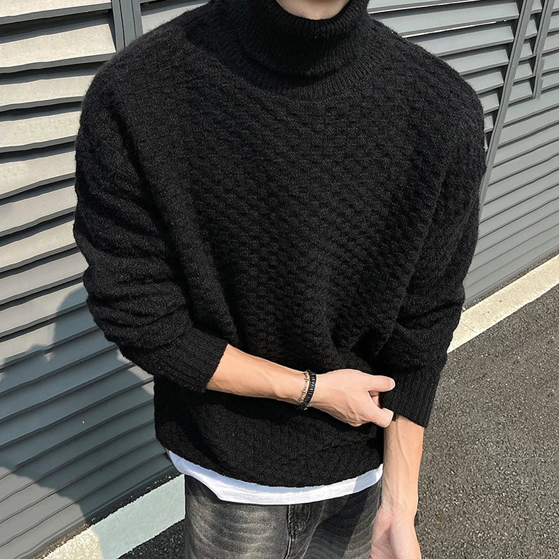 Men's Turtleneck Jacquard Knit Sweater - Loose Fit Pullover Solid Color Casual Winter Knitwear for Autumn & Winter | Office Wear, Holiday Outfits, Cold Weather Fashion