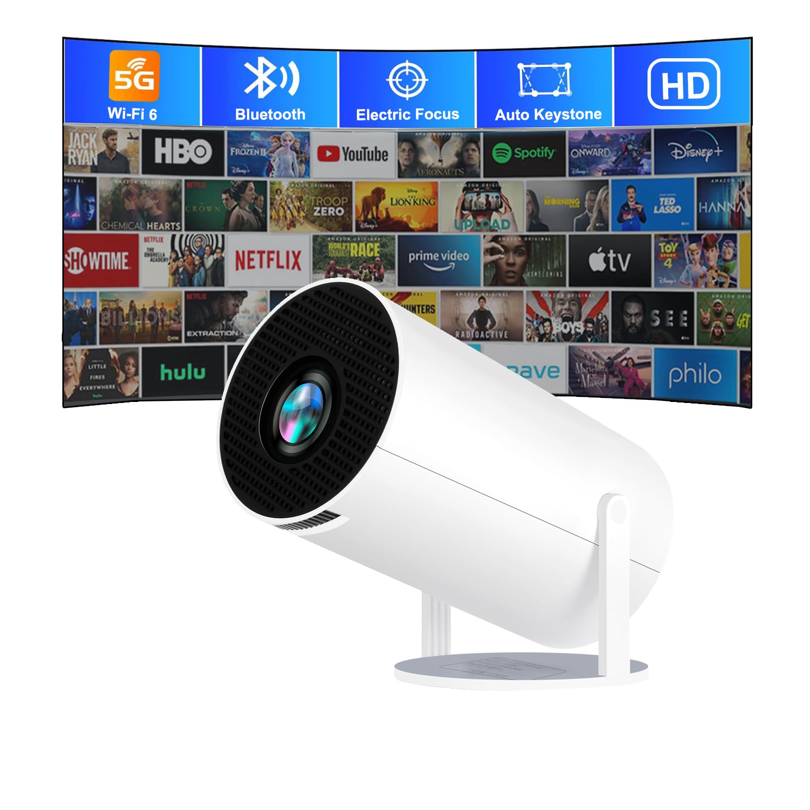 4K Portable Mini Projector with WiFi & Bluetooth - Auto Keystone, HD Projector for Outdoor Movies, Home Theater & Gaming - Compatible with Android, iPhone, Laptop, TV, Fire Stick via HDMI/USB/AV