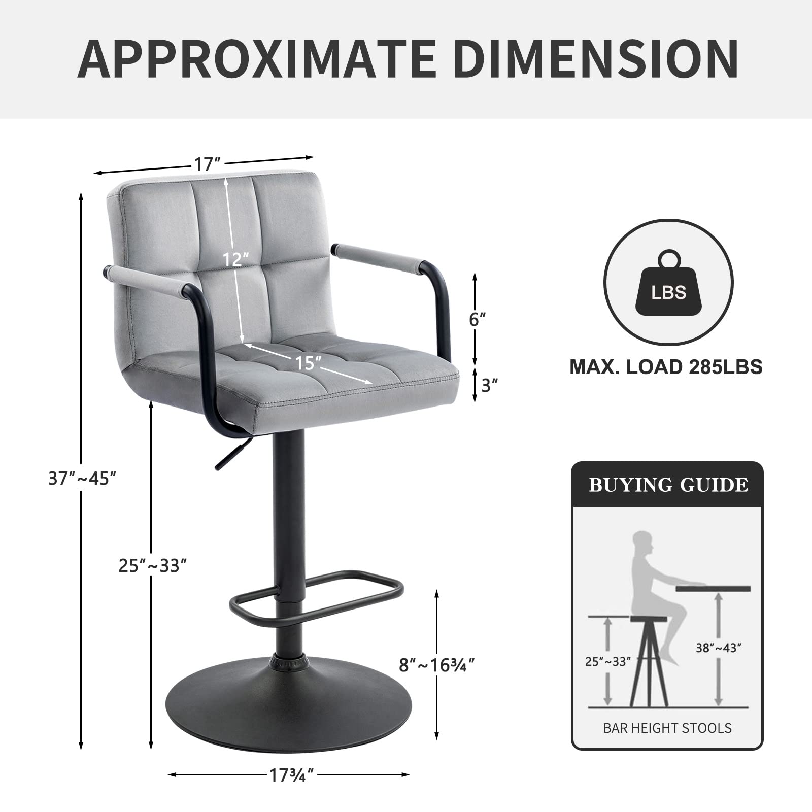 Furnimart Adjustable Swivel Bar Stools Set of 2 - Upholstered Counter Height Bar Chairs with Armrest & Footrest, Velvet Grey - Perfect for Kitchen Island, Breakfast Bar & Dining Room