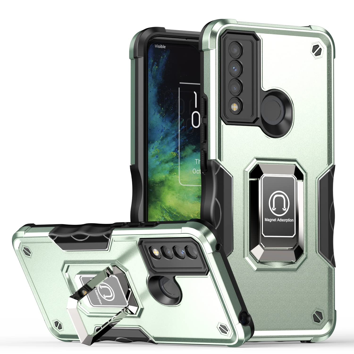 Rosebono TCL 20 XE Case with Metal Ring & Kickstand - Magnetic Hybrid Protective Cover (Green) | Shockproof Armor Defender for Work, Travel & Daily Use