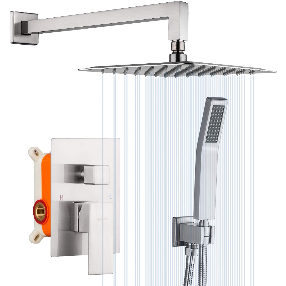GAPPO 12 Inch Wall Mounted Shower System - Brushed Nickel High Pressure Rainfall Shower Head with Handheld Sprayer & Rough-in Valve - Perfect for Modern Bathroom Renovation & Spa-Like Shower Experience