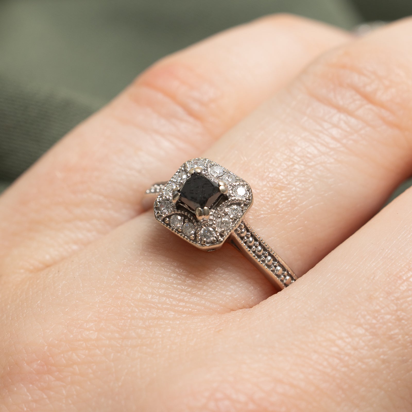 Exquisite Black Diamond & Diamond Halo Ring | 0.30ct Center Stone & 0.18ctw Halo | Size 6.5 | Elegant Wedding, Engagement & Anniversary Jewelry Gift for Her