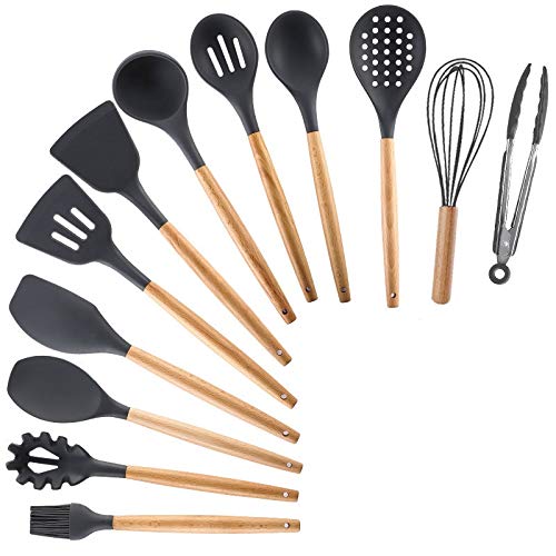 12-Piece Silicone Kitchen Utensil Set with Wooden Handle - Non-Slip Heat Resistant Cooking Tools for Baking, Frying & Grilling - Brown Kitchen Accessories for Home Chefs & Cooking Enthusiasts