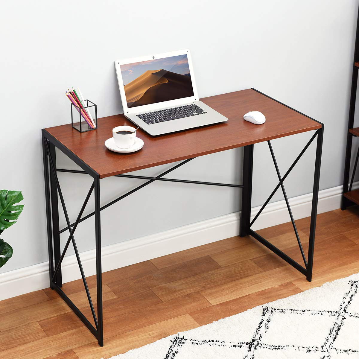 Modern Industrial Writing Computer Desk - Simple Study Desk with Walnut Brown Top & Black Frame, Folding Laptop Table for Home Office, Dorm Room, Small Spaces | Compact Workspace Solution for Students & Professionals