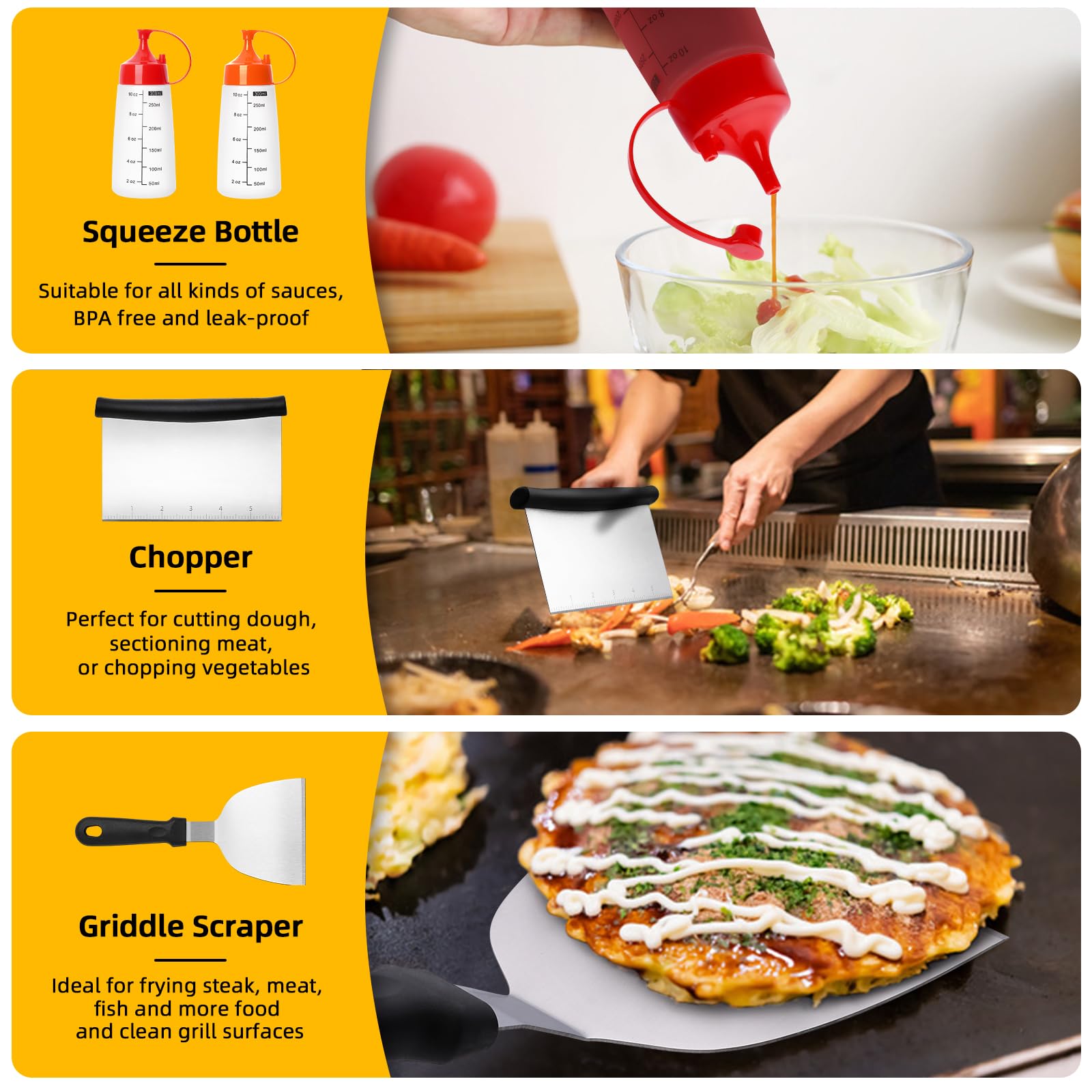 8PCS Griddle Accessories Tool Kit - Flat Top Grill Spatula Set for Blackstone & Camp Chef | Includes Turner, Scraper, Chopper, Oil Bottles & Carry Bag | Perfect for Outdoor BBQ, Backyard Grilling & Indoor Cooking | Great for Camping, Tailgating & Home Kitchen Use