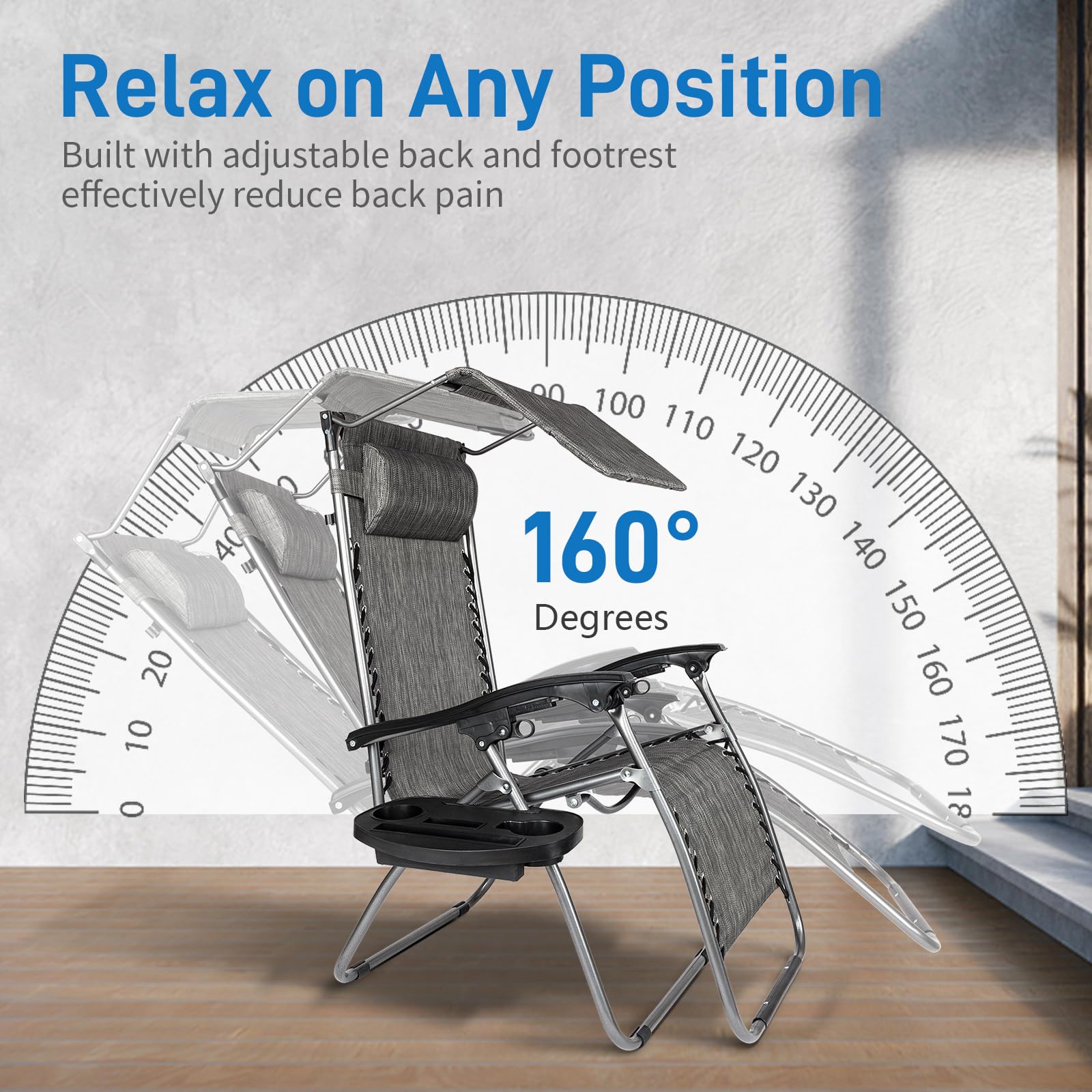 Bonnlo Zero Gravity Lounge Chair with Adjustable Canopy - Patio, Beach & Garden Recliner with Cup Holder & Headrest - Foldable Sun Shade Chair for Outdoor Relaxation (Blue/Grey)