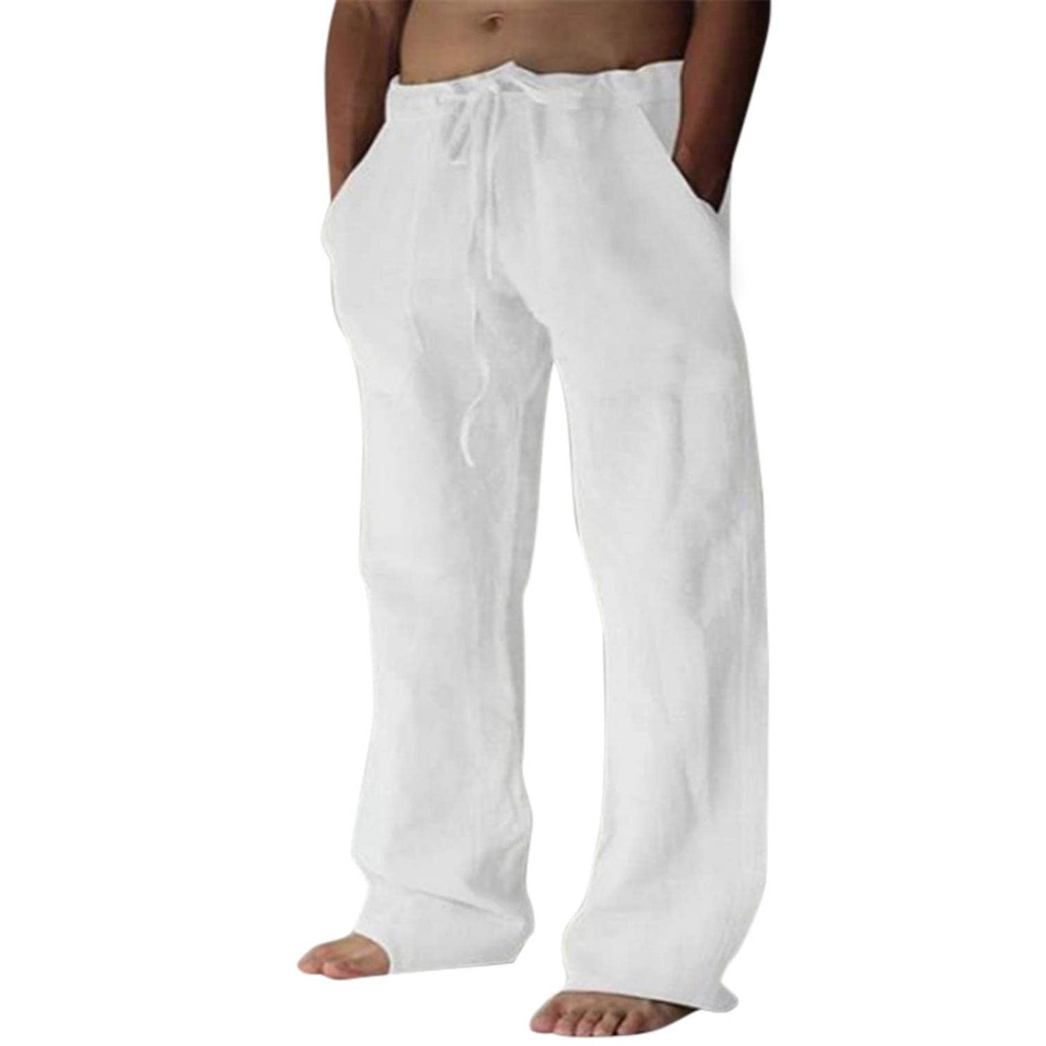 Men's Linen Pants - Breathable Casual Elastic Waist Drawstring Cotton Trousers for Yoga & Summer Wear | Comfortable Lounge Pants for Travel, Home & Outdoor Activities