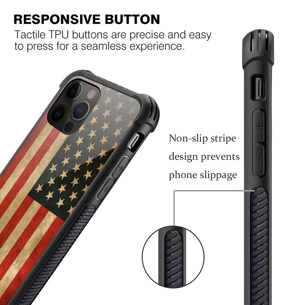 **Vintage Grunge American Flag iPhone 13 Pro Max Case – Shockproof Silicone TPU & Tempered Glass Back Protective Cover | Durable & Stylish for Daily Use, Travel, and Outdoor Activities**