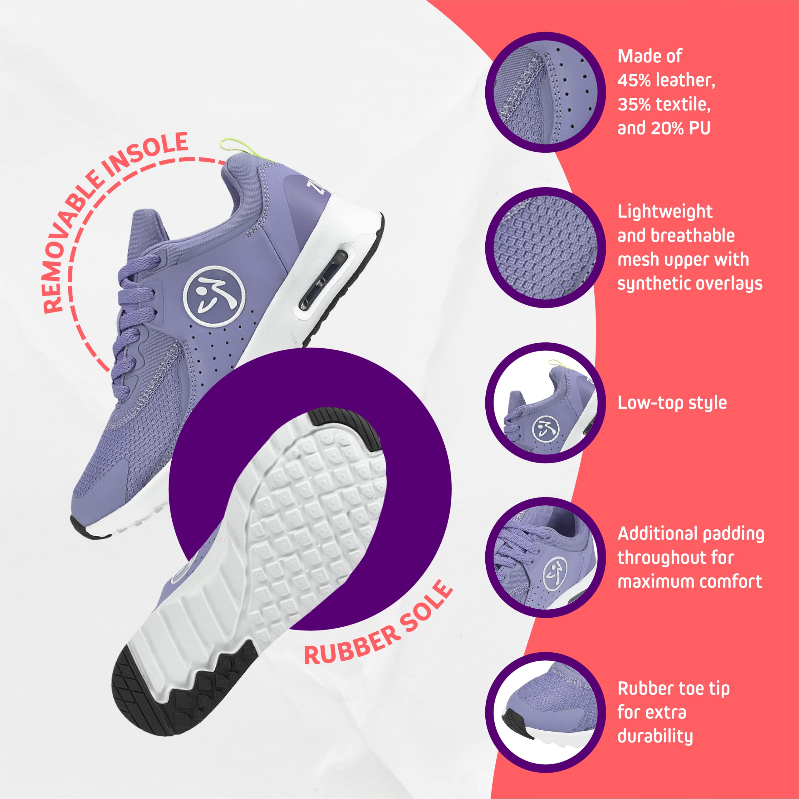 ZUMBA Women's Air Boost Sneakers - Lightweight Low-Top Dance Shoes for Zumba, Aerobics & Fitness Workouts | Comfortable & Breathable Sneakers for Women's Dance Classes & Gym Training