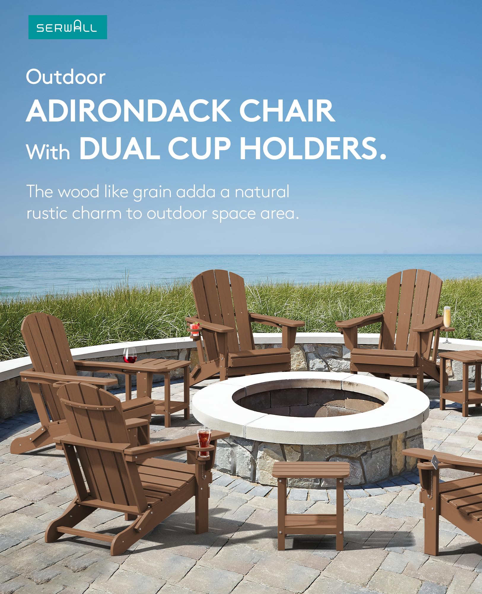 Premium SERWALL Adirondack Chair Set of 2 with Cup Holders - Durable HDPE Composite Outdoor Patio Chairs for All-Weather Use (Brown) - Perfect for Backyard, Garden, Poolside & Deck Relaxation
