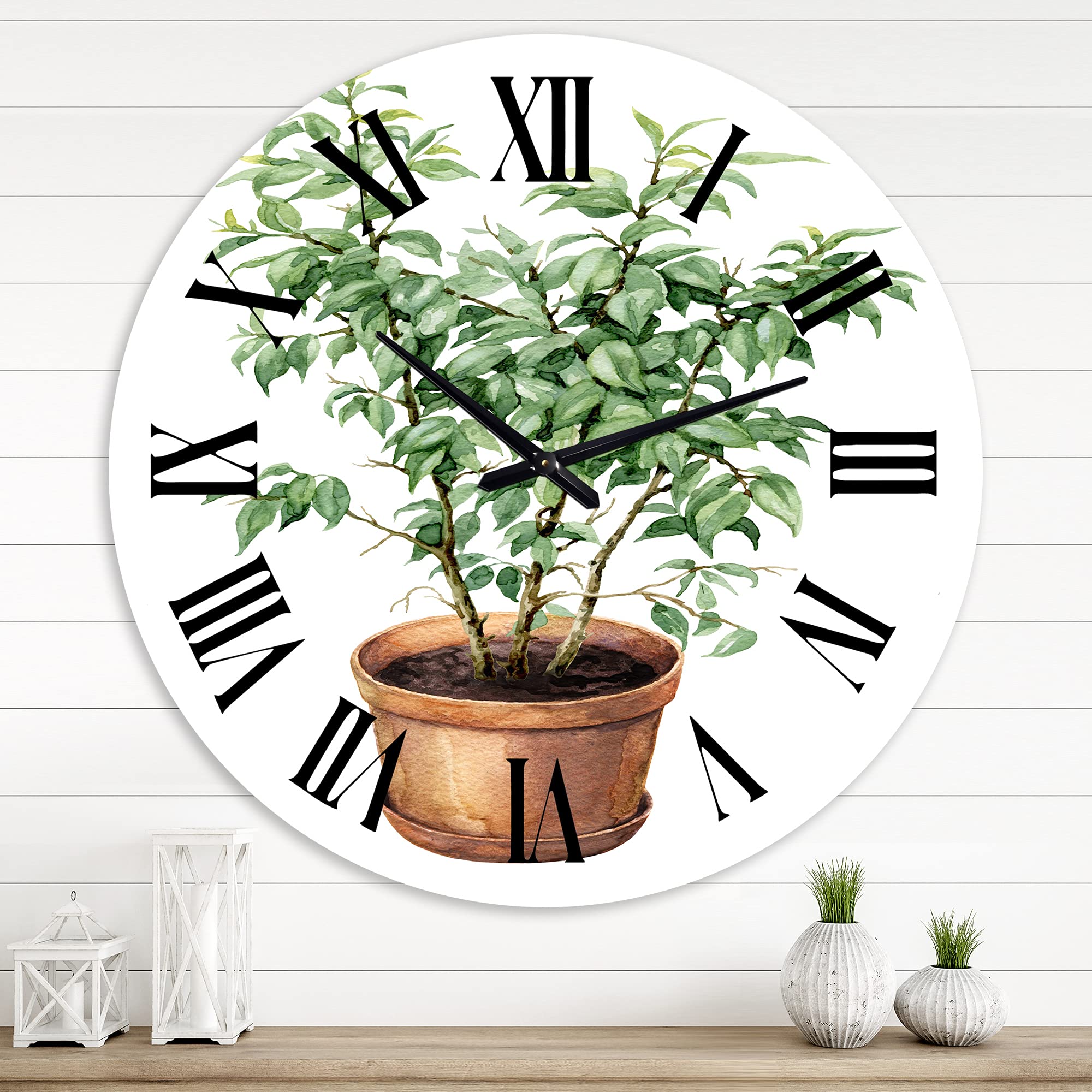 Large Floral & Botanical Wall Clock - Traditional 'Ficus Benjamina in Clay Flowerpot' Design for Home, Office & Living Room Decor | Perfect for Wall Decoration, Gift Idea & Interior Design