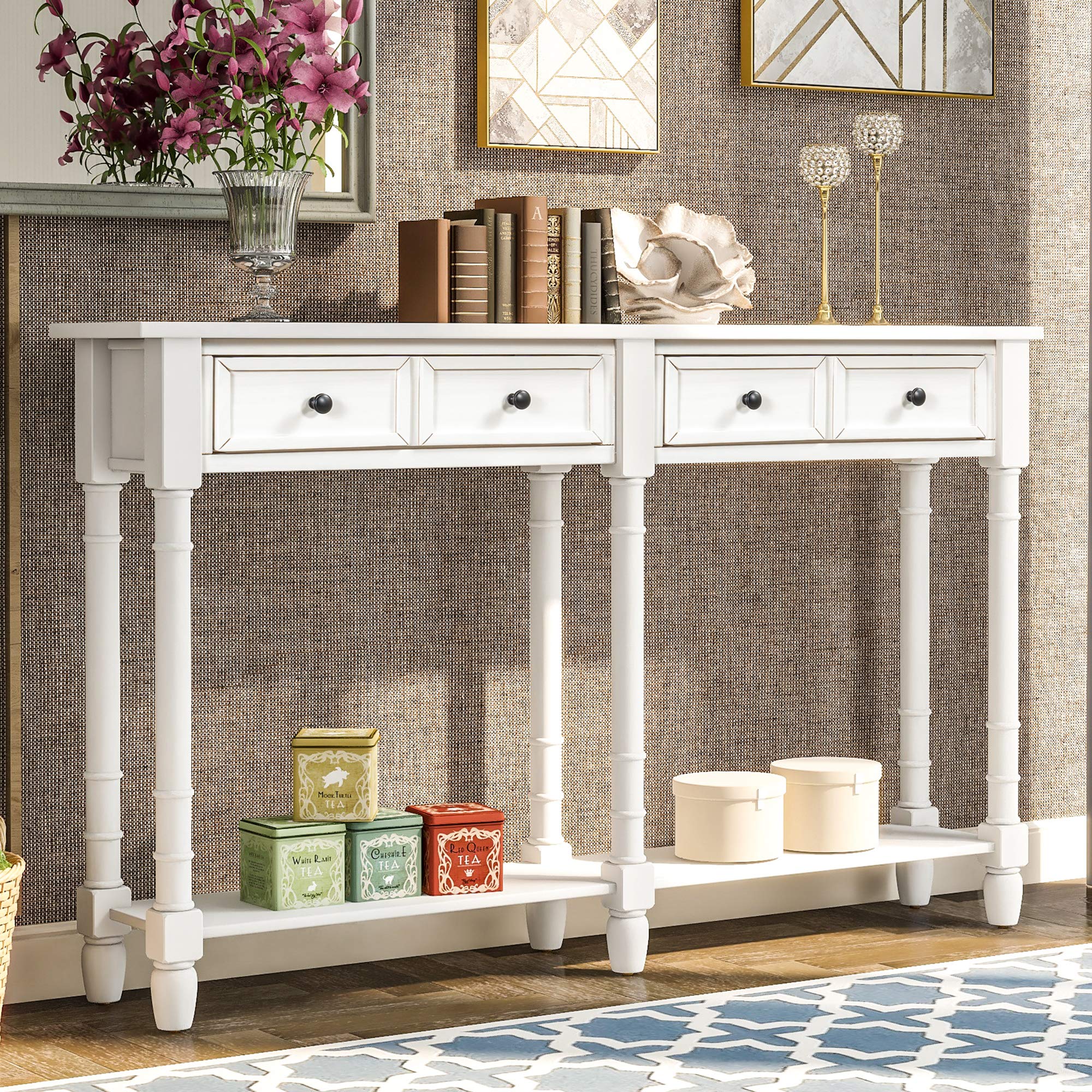 **Merax White Retro Console Table with Drawers & Shelf - Sofa Table, Entryway Table, Living Room Furniture - Perfect for Hallway, Foyer & Small Space Decor**
