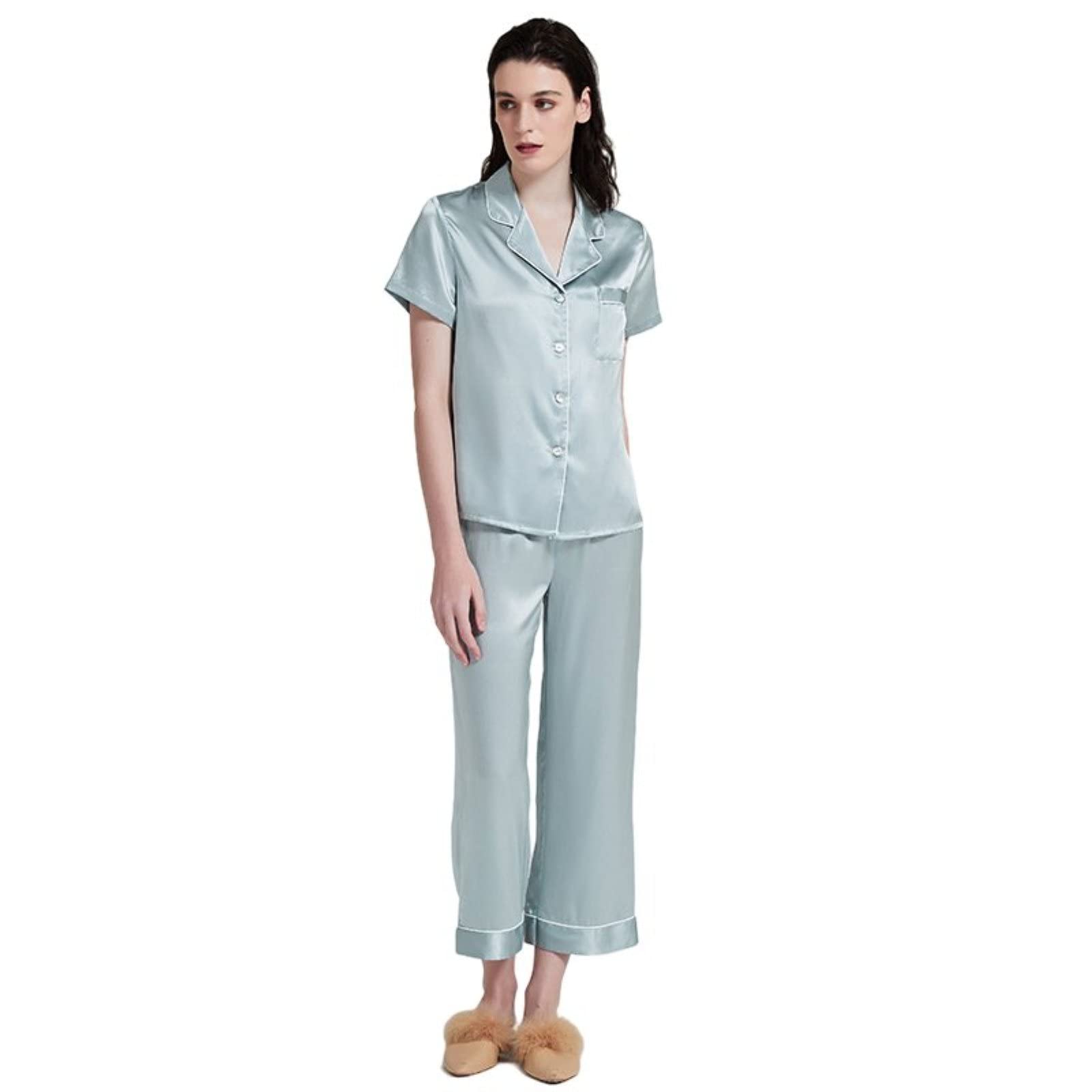 Premium 100% Mulberry Silk Women's Pajama Set - Short Sleeve Top & Pants for Summer - Soft & Breathable Homewear for Relaxation & Sleep - Perfect for Lounging, Vacation, and Gift Giving