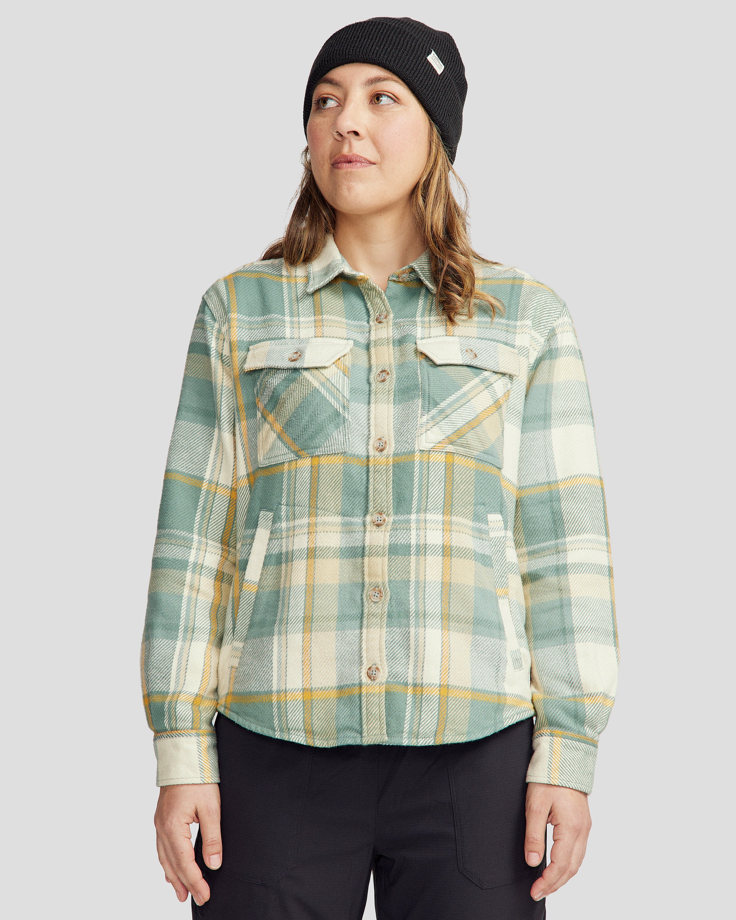 Women's Huntly Long Sleeve Plaid Shirt - Light Forest Cabin Print - Casual Fall & Winter Flannel Top for Outdoor Adventures & Cozy Home Wear