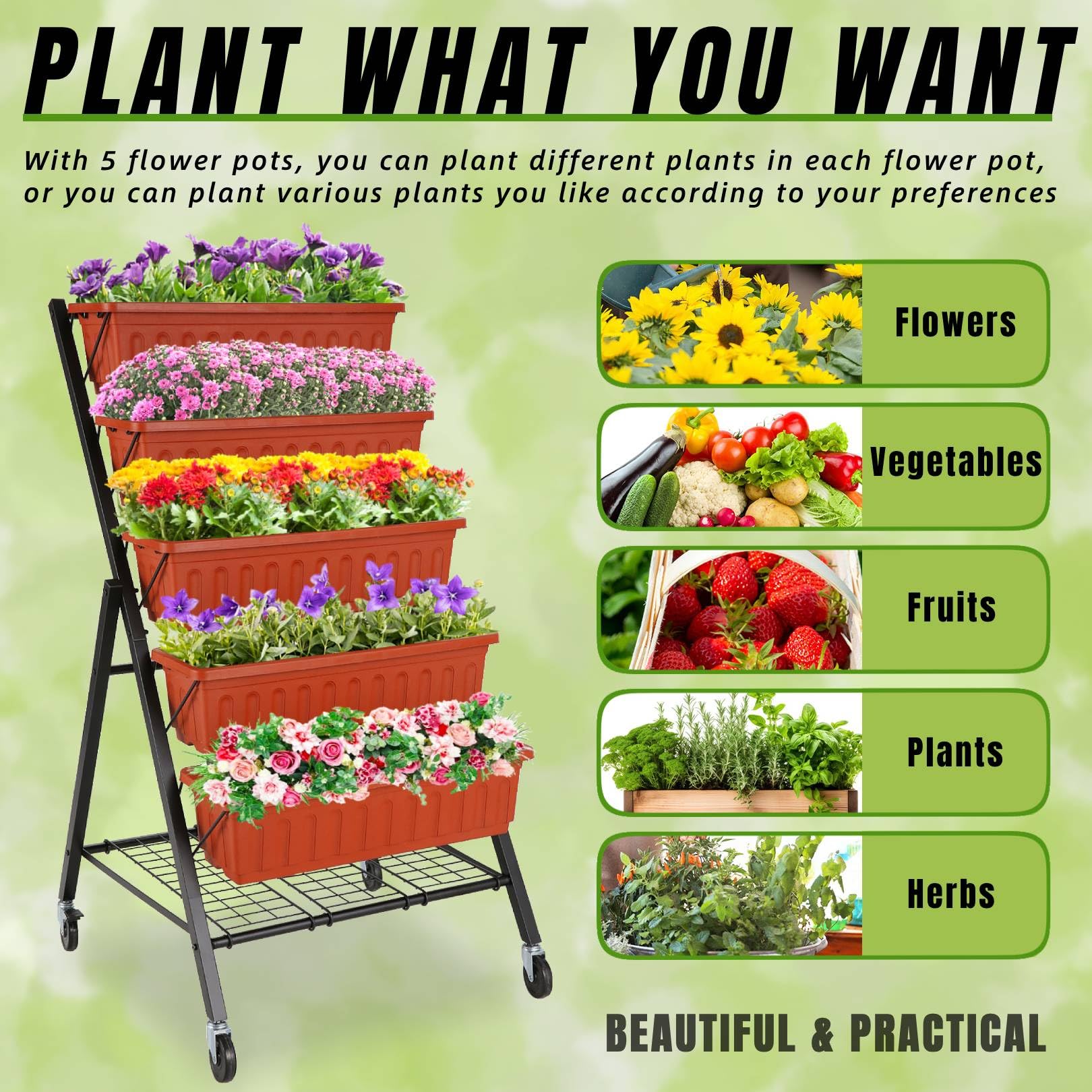 Homdox 4FT Vertical Garden Bed - 5 Tier Raised Planter Stand for Vegetables & Flowers (25.6x26x48 Inch) with 4 Hooks, 4 Wheels & Storage Rack - Brown | Perfect for Small Spaces, Balconies, Patios & Indoor Gardening