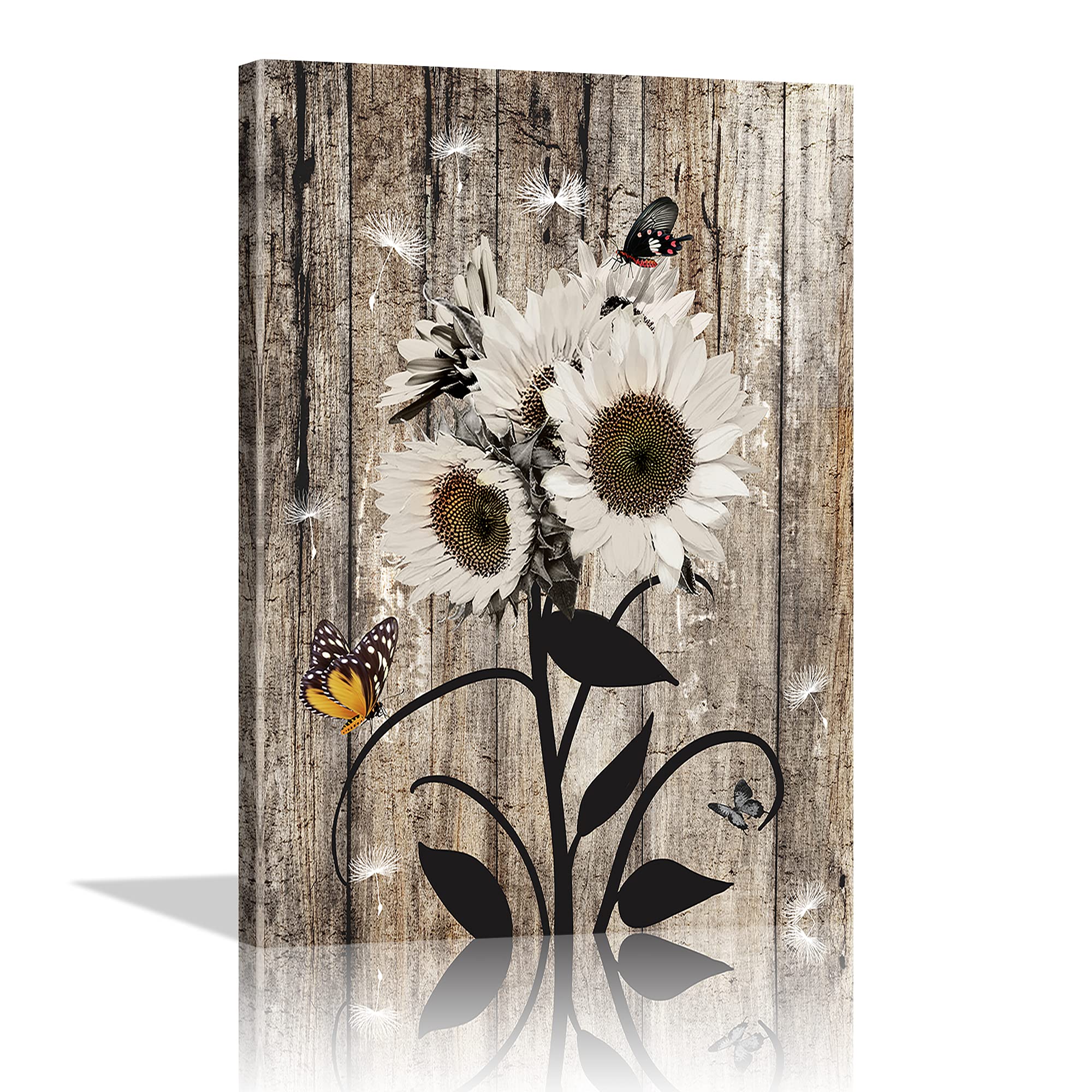 White Sunflower Butterfly Wall Art Canvas - Rustic Farmhouse Wood Wall Decor for Bedroom, Living Room, Kitchen & Office - Country Floral Picture Poster Print - Modern Home Decor Framed Ready to Hang - Perfect for Farmhouse, Boho & Country Style Interiors