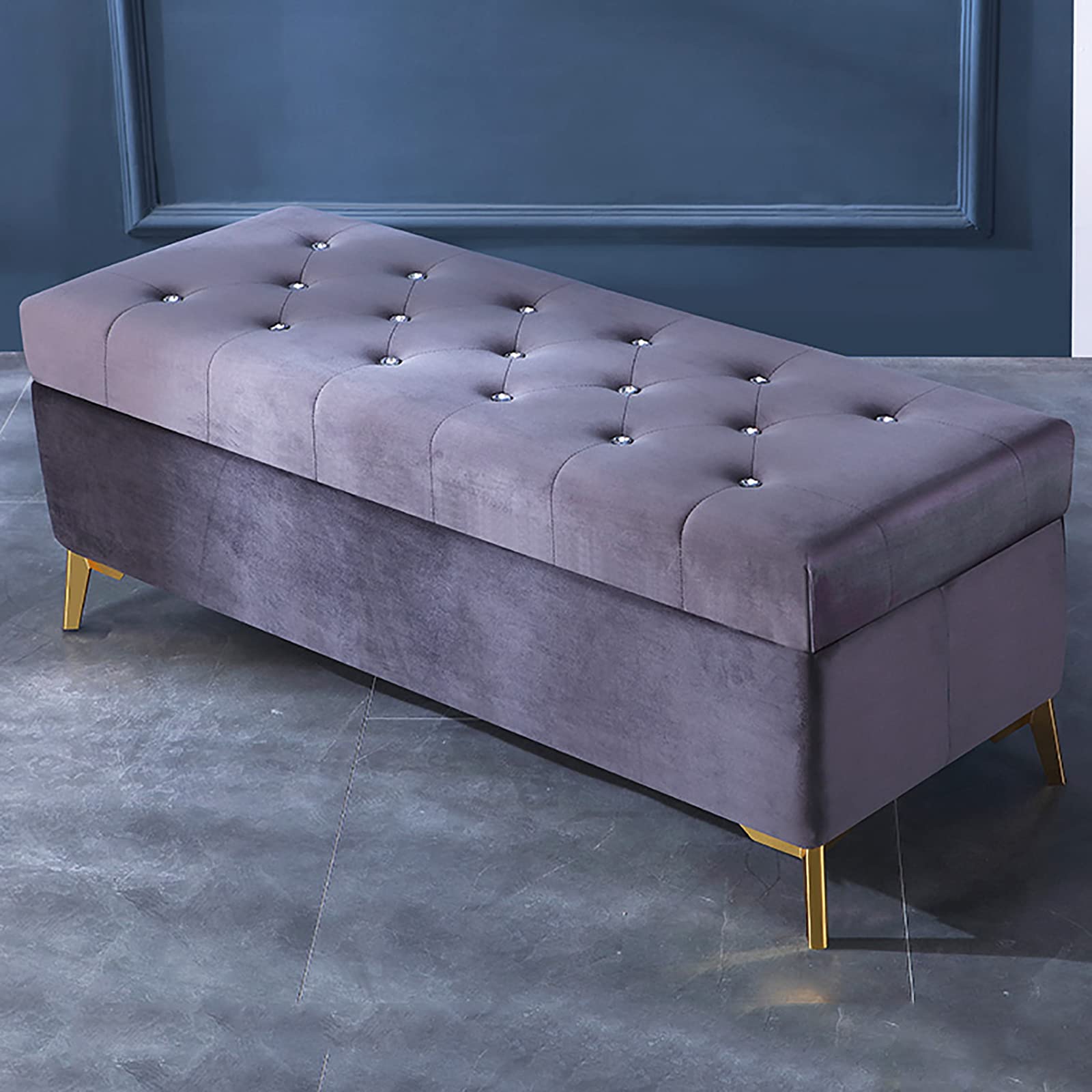 Luxury Velvet Upholstered Storage Ottoman Bench with Crystal Buttons - Dark Gray 60x42x45cm (24x17x18inch) - Modern Living Room Furniture, Bedroom Footrest, Entryway Shoe Bench & Home Decor - Perfect for Small Space Organization and Stylish Home Decoration